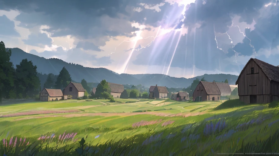 medieval village, meadow, approaching storm and some rays of light