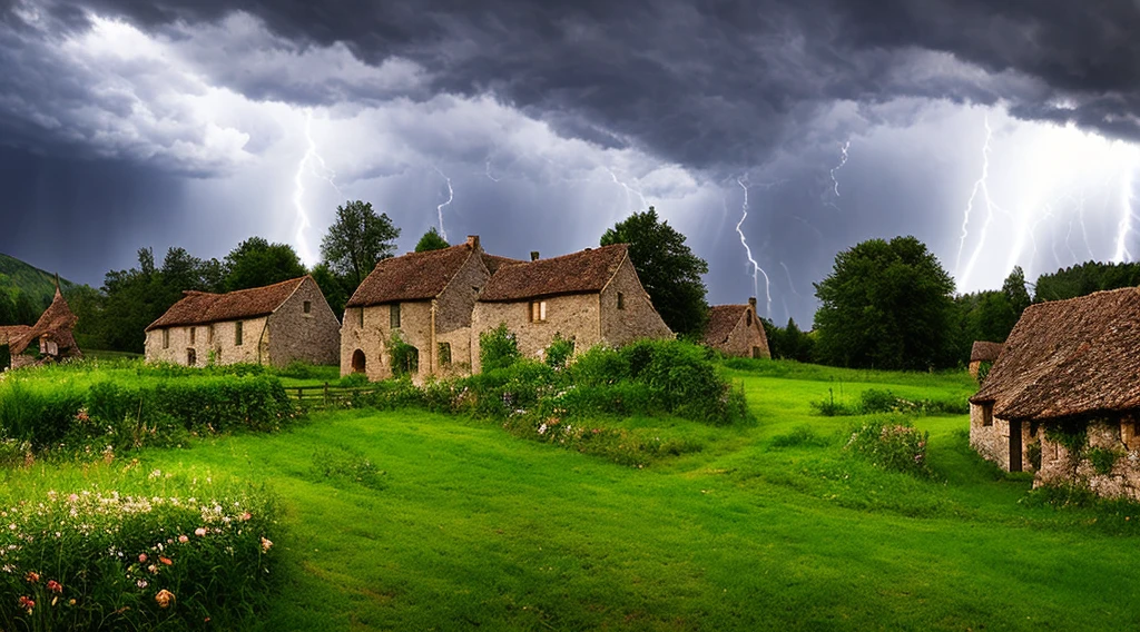 medieval village, meadow, approaching storm and some rays of light
