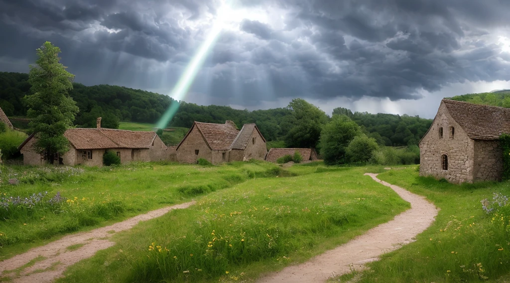 medieval village, meadow, approaching storm and some rays of light