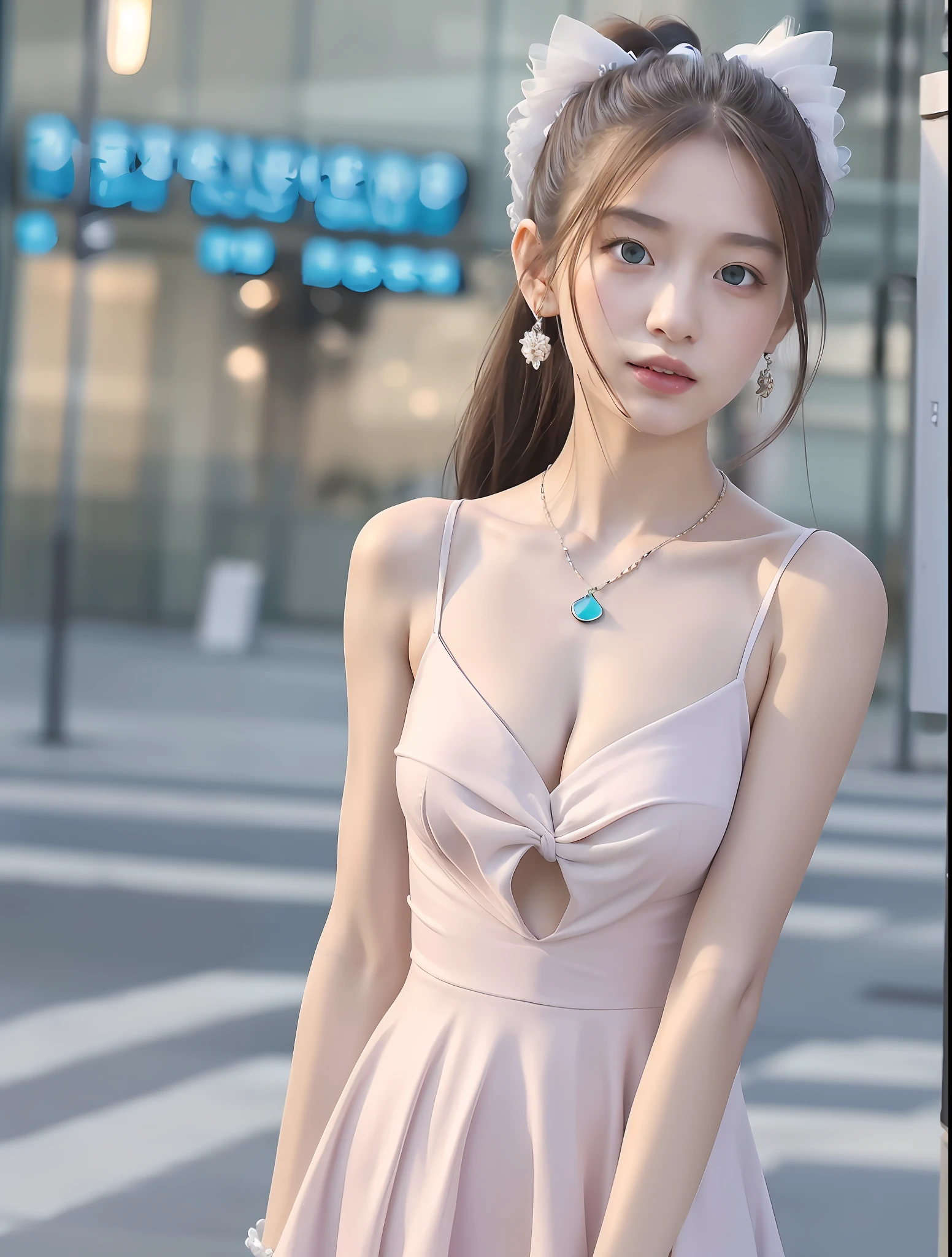 Casual posture, (extremely exquisite and beautiful work), (masterpiece), 1 girl, white dress, high detail, lumbago, twisted ponytail, feminine expression, clear and beautiful eyes, turquoise eyes, exquisite necklaces, exquisite earrings, fairy ears, simple blurred background, extreme detail, beautiful figure, exquisite collarbone, lovely lips, beautiful breasts, soft back, mix4, (8k, RAW photo, best quality, 1.2)), (realism, realism: 1.37 ), 1 girl, cute, cityscape, night, rain, wet, professional lighting, photon mapping, radiosity, physically-based rendering,