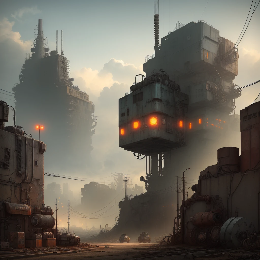 Machinery and cables concept art, exposed cables and gears, junkyard architecture, rusty walls, metal towers and sewers, mechanical details, morning details, industrial colors, rusty metal towers, machines and cables everywhere, dystopian brutalist atmosphere, exposed wiring and gears, rusty panels, grffity, &quot;Love and Death Robots&quot;