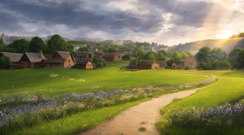 medieval village, meadow, approaching storm and some rays of light