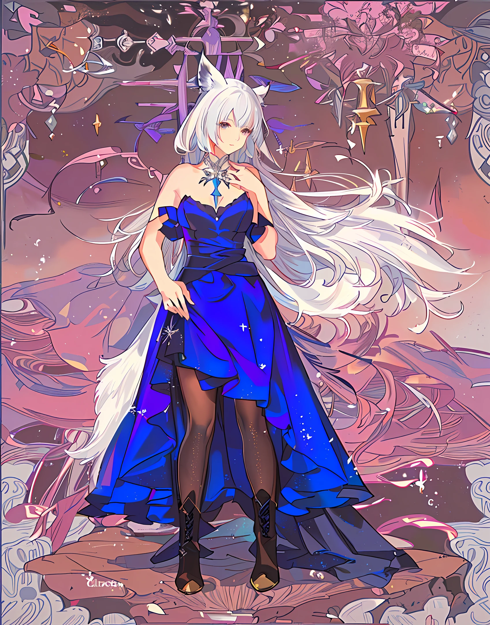 elysia dressed in a blue dress and boots standing in a field, fantasy outfit, wearing fantasy formal clothing, spellcasting pose, icey blue dress, final fantasy 14 style, lunar themed attire, elegant glamor pose, dressed with long fluent clothes, wearing a flowing dress, long white haired lady with for ears and tail
