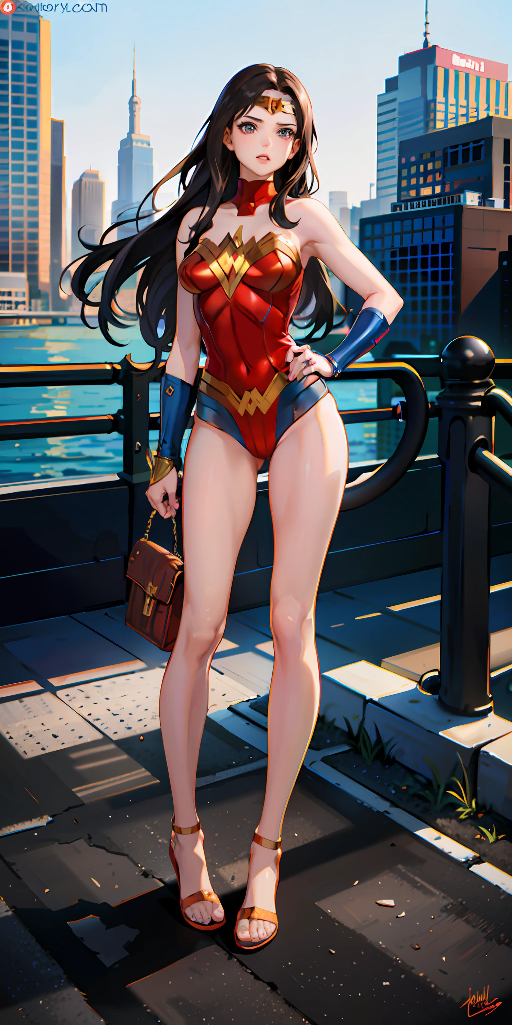 (masterpiece:1.2), (best quality:1.2), perfect eyes, perfect face, perfect lighting, 1girl, , Female, superhero, leotard, bare legs, hands on hip, full body, city backdrop, 1girl, Wonder Woman,