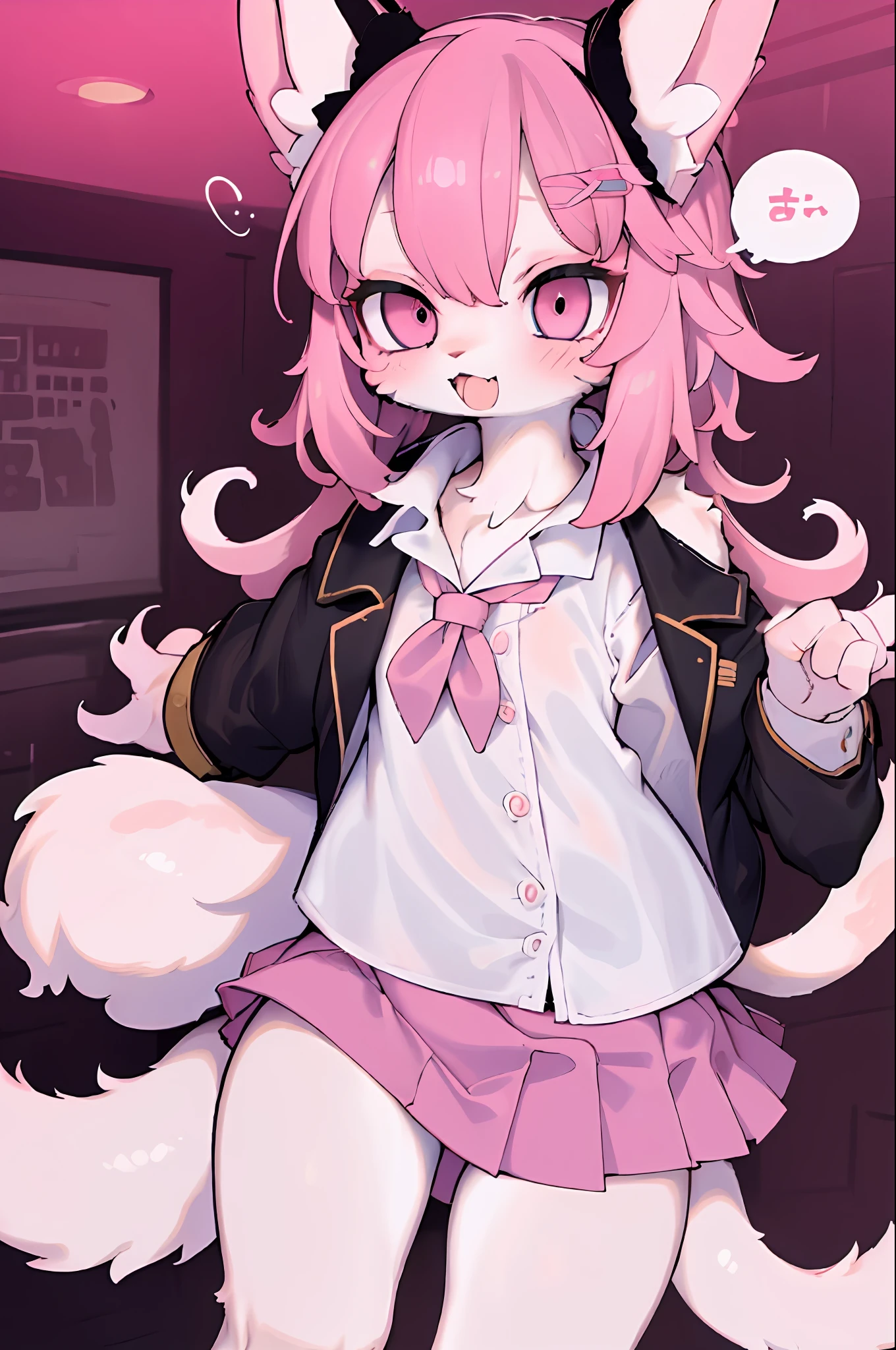 ((masterpiece, best quality)), furry, animal ears, fluffy tail, 1girl, school uniform, white shirt, pink skirt, delicate curly hair, medium chest, happy, delicate hairpin, unbuttoned collar