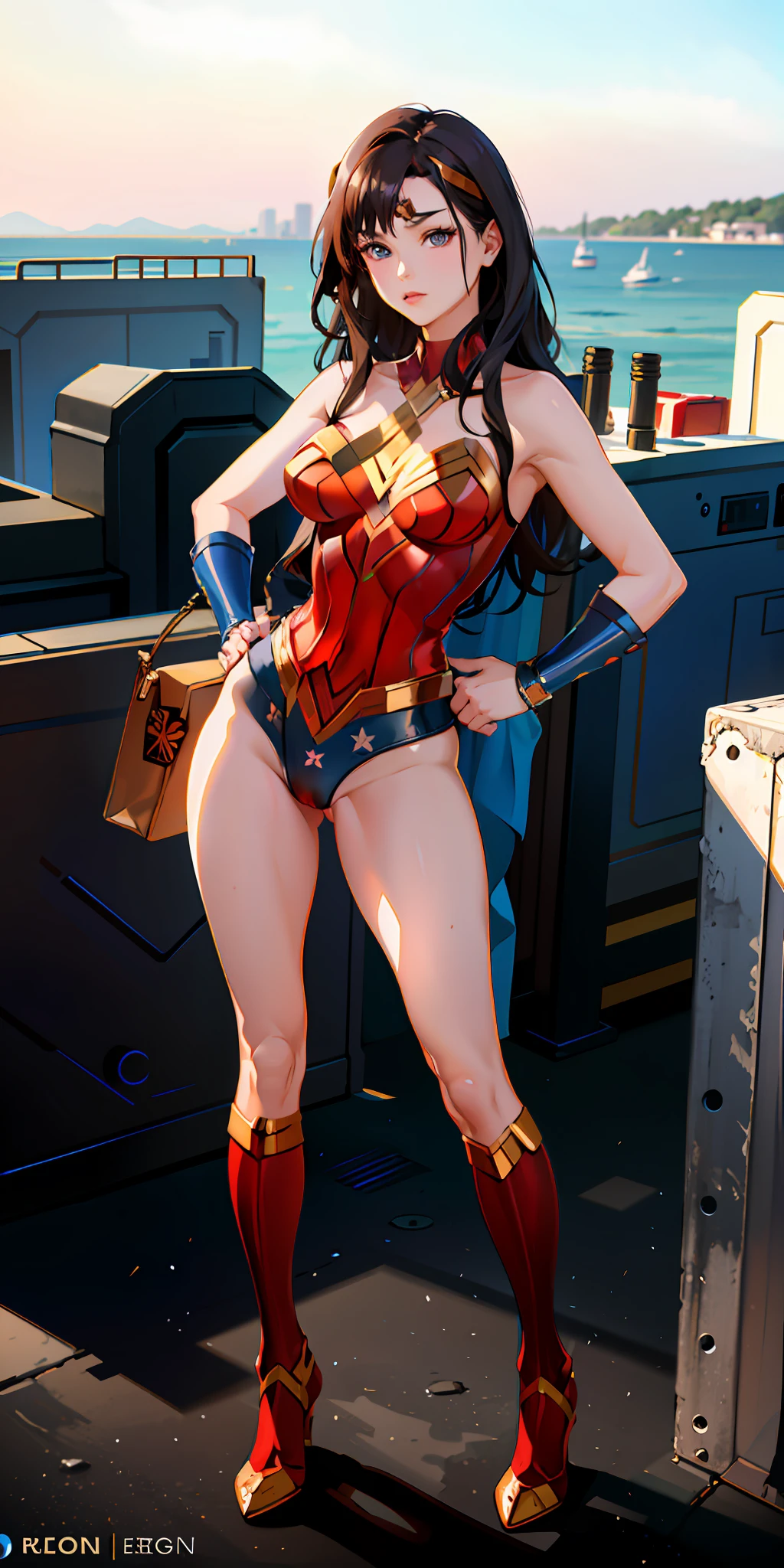 (masterpiece:1.2), (best quality:1.2), perfect eyes, perfect face, perfect lighting, 1girl, MILF, Female, superhero, leotard, bare legs, hands on hip, full body, city backdrop, 1girl, Wonder Woman,