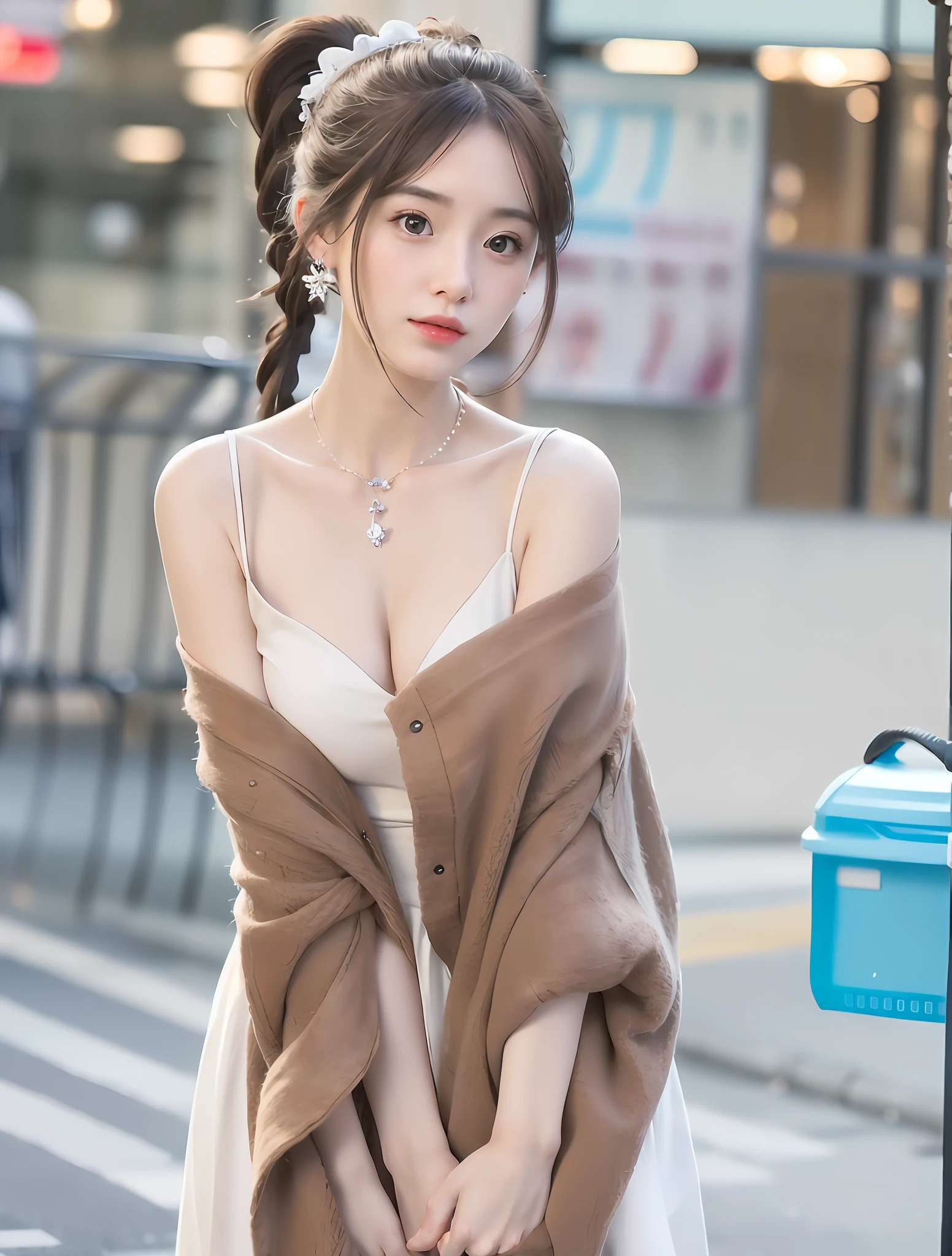 Casual pose, (extremely delicate and beautiful work), (masterpiece), 1 girl, white dress, high details, low back pain, twisted ponytail, feminine expression, clear beautiful eyes, exquisite necklace, exquisite earrings ,random background,extreme detail,beautiful clavicle,cute lips,hand ring,beautiful legs,beautiful chest,soft back,mix4,(8k,RAW photo,best quality,1.2)),(realism,realism Doctrine: 1.37), 1 Girl, Cute, Cityscape, Night, Rain, Humidity, Pro Lighting, Photon Mapping, Radiosity, Physically Based Rendering,