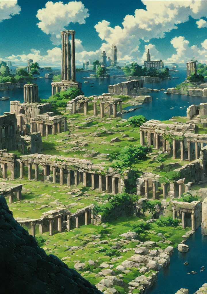 Masterpiece, best quality, high quality, extremely detailed CG unity 8k wallpaper, landscape, ancient ruins background, city ruins in the background, ruins, gigantic pillars, ruins landscape, ancient marble city, greek-esque columns and ruins, ancient city ruins, outdoor, sky, cloud, sky, no humans, mountain, landscape, tree, blue sky, cliff, nature, cloudy skies, award winning photography, bokeh, depth of field, HDR, bloom, chromatic aberration, photorealism, high detail, dramatic, midjourney art, anime style