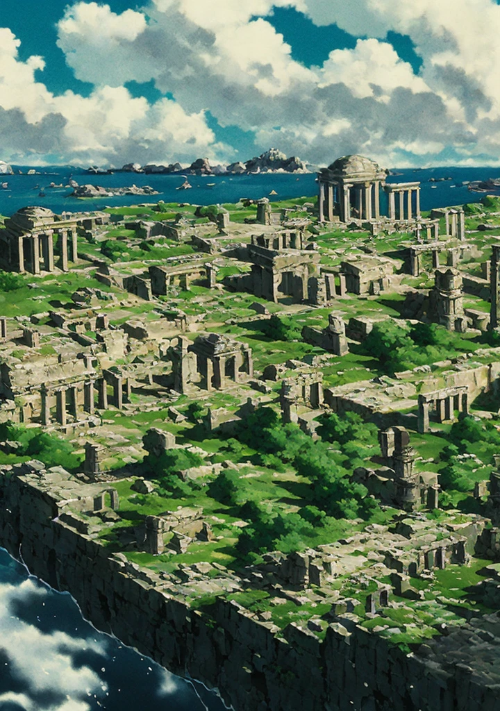 Masterpiece, best quality, high quality, extremely detailed CG unity 8k wallpaper, landscape, ancient ruins background, city ruins in the background, ruins, gigantic pillars, ruins landscape, ancient marble city, greek-esque columns and ruins, ancient city ruins, outdoor, sky, cloud, sky, no humans, mountain, landscape, tree, blue sky, cliff, nature, cloudy skies, award winning photography, bokeh, depth of field, HDR, bloom, chromatic aberration, photorealism, high detail, dramatic, midjourney art, studio_ghibli_anime_style style