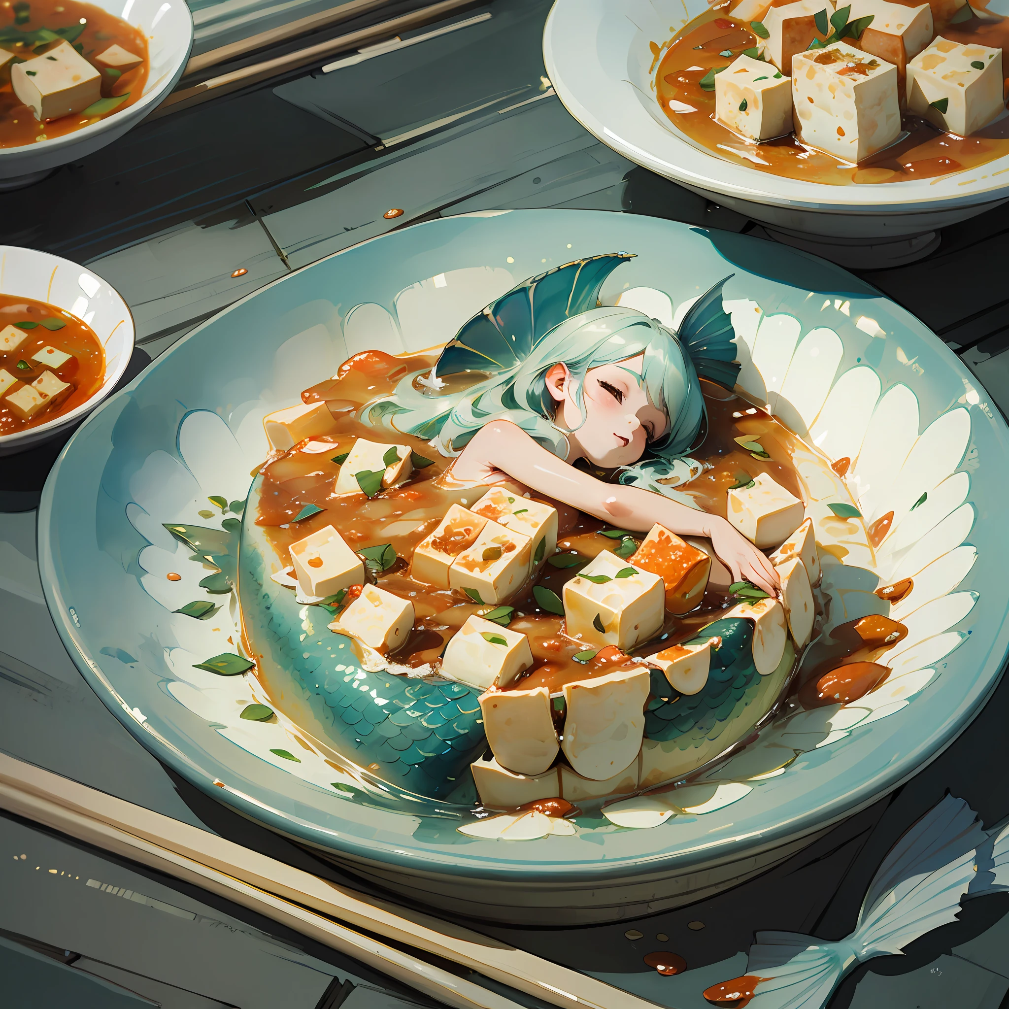 ((highest quality)), ((masterpiece quality)), ((complex and delicate)), ((mermaid lying in spicy tofu)) -- v 6