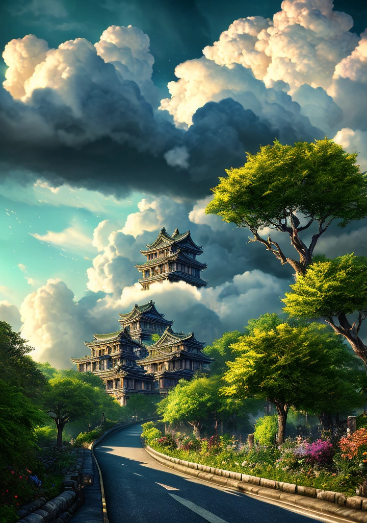 Masterpiece, escher, dramatic sky, best quality, high quality, extremely detailed CG unity 8k wallpaper, landscape, city ruins background, tokyo city ruins in the background, ruins, tokyo, ruins landscape, apocalyptic city, urban city ruins, outdoor, sky, cloud, sky, no humans, mountain, landscape, tree, blue sky, cliff, nature, cloudy skies, award winning photography, bokeh, depth of field, HDR, bloom, chromatic aberration, photorealism, high detail, dramatic, midjourney art
