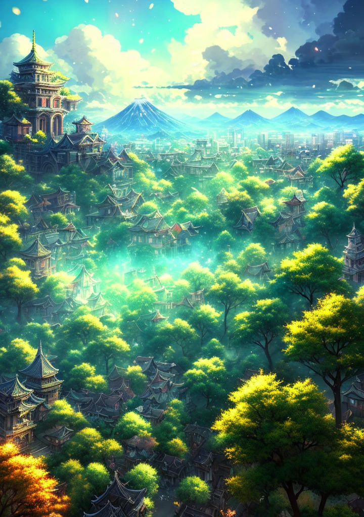 Masterpiece, escher, dramatic sky, best quality, high quality, extremely detailed CG unity 8k wallpaper, landscape, city ruins background, tokyo city ruins in the background, ruins, tokyo, ruins landscape, apocalyptic city, urban city ruins, outdoor, sky, cloud, sky, no humans, mountain, landscape, tree, blue sky, cliff, nature, cloudy skies, award winning photography, bokeh, depth of field, HDR, bloom, chromatic aberration, photorealism, high detail, dramatic, midjourney art, anime style, illustrated