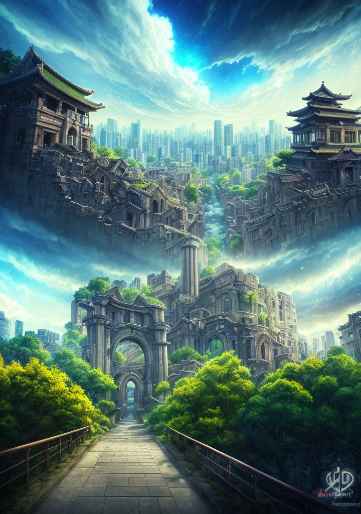 Masterpiece, escher, dramatic sky, best quality, high quality, extremely detailed CG unity 8k wallpaper, landscape, city ruins background, tokyo city ruins in the background, ruins, tokyo, ruins landscape, apocalyptic city, urban city ruins, outdoor, sky, cloud, sky, no humans, mountain, landscape, tree, blue sky, cliff, nature, cloudy skies, award winning photography, bokeh, depth of field, HDR, bloom, chromatic aberration, photorealism, high detail, dramatic, midjourney art, anime style, illustrated