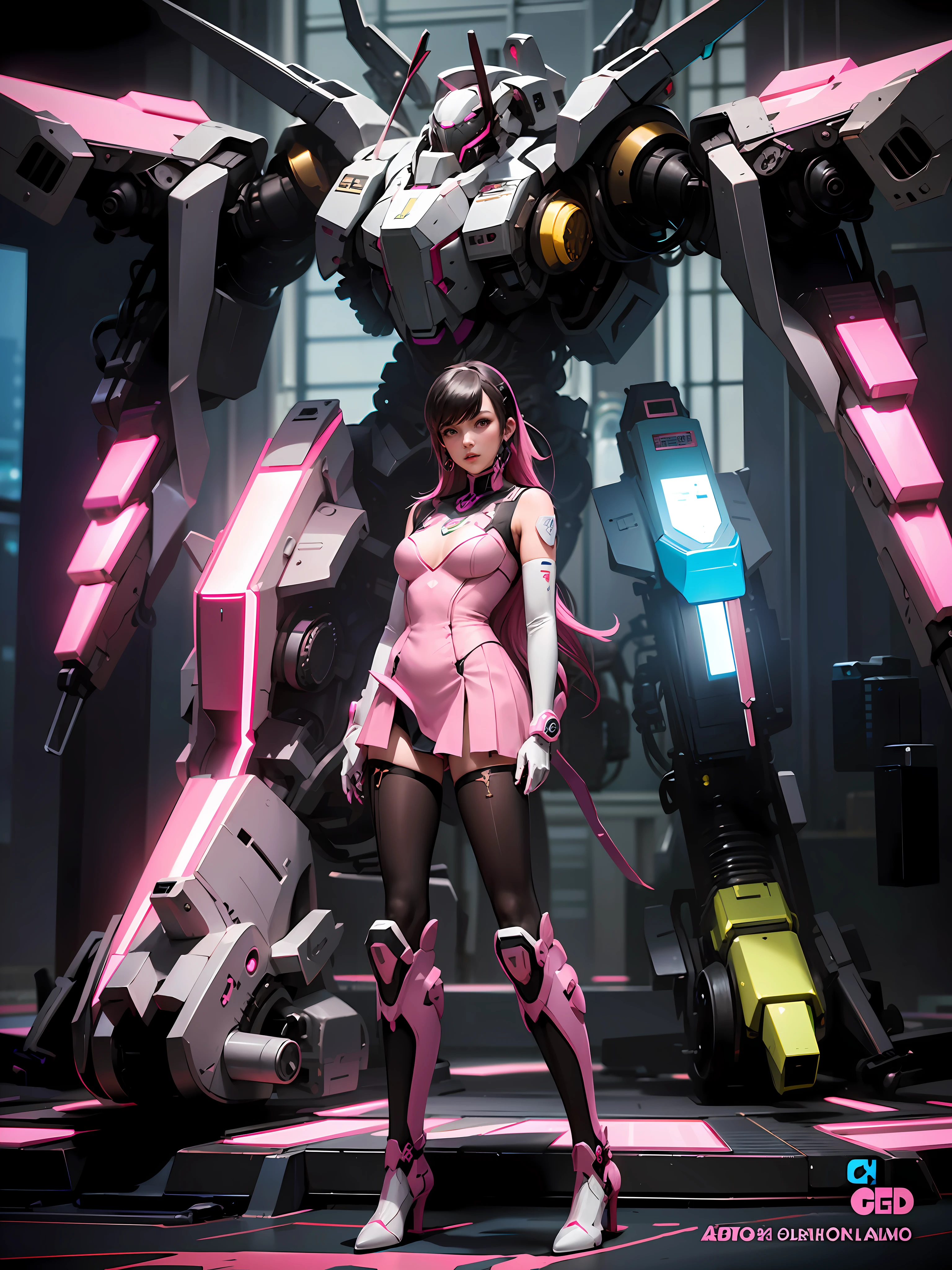 a woman in a pink dress standing in front of a giant robot, trending on cgstation, girl in mecha cyber armor, cyberpunk anime girl mech, anime mecha aesthetic, d. va from overwatch, style of macross, anime manga robot!! anime girl, makoto shinkai and artgerm, trending at cgstation, mobile suit, female action anime girl