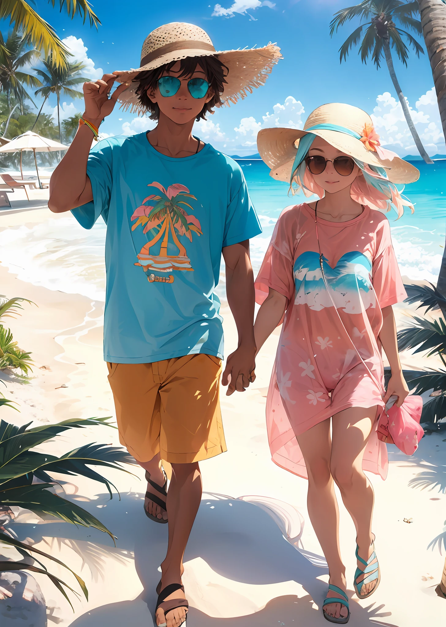 White sand beach, turquoise water, palm trees, coral reef, tropical fish, ocean sunset, pink t-shirt, sunglasses, sun hat, light cover-up, sandals, sunscreen