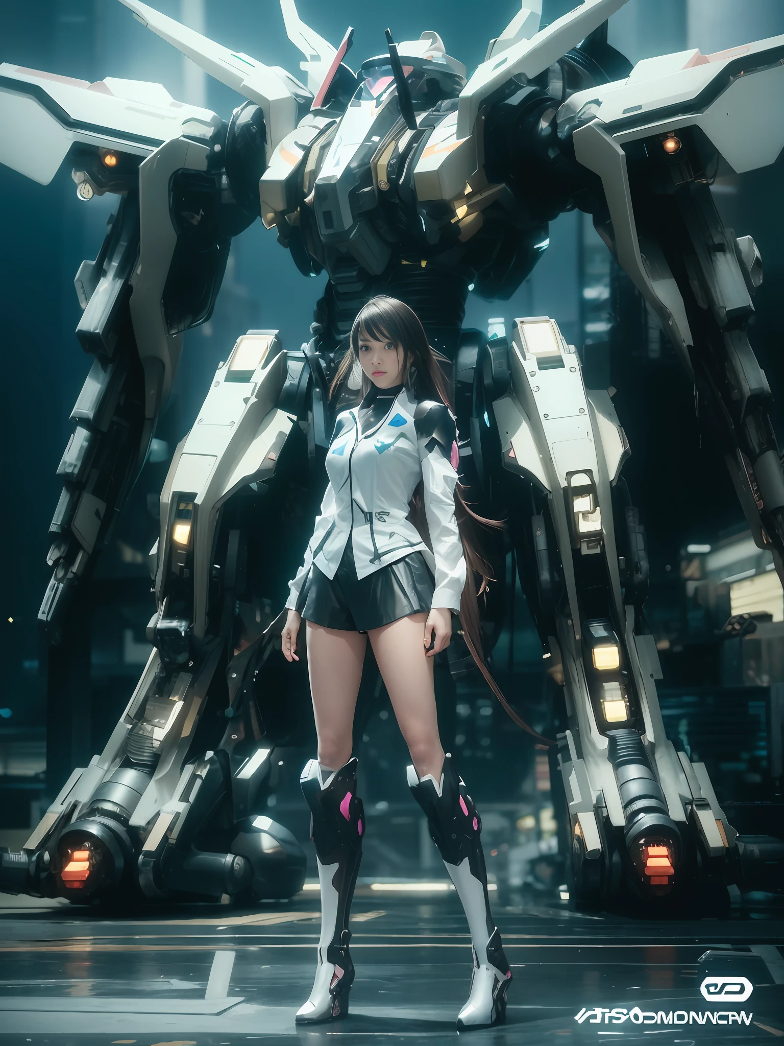 a close up of a woman standing in front of a giant robot, cyberpunk anime girl mech, girl in mecha cyber armor, female mecha, trending on cgstation, mecha suit, d. va from overwatch, giant anime mecha, trending at cgstation, cyberpunk 2 0 y. o model girl, cgsociety and fenghua zhong