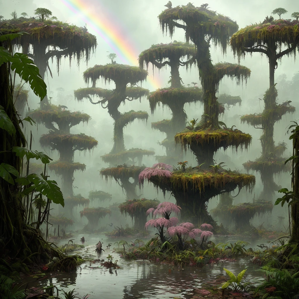stalenhag, (dense alien jungle swamp: 1.3), (lots of weird unusual rainbow flowers: 1.3), sci-fi, hdr, 8k, 4k, octane renderer, very detailed, artstation