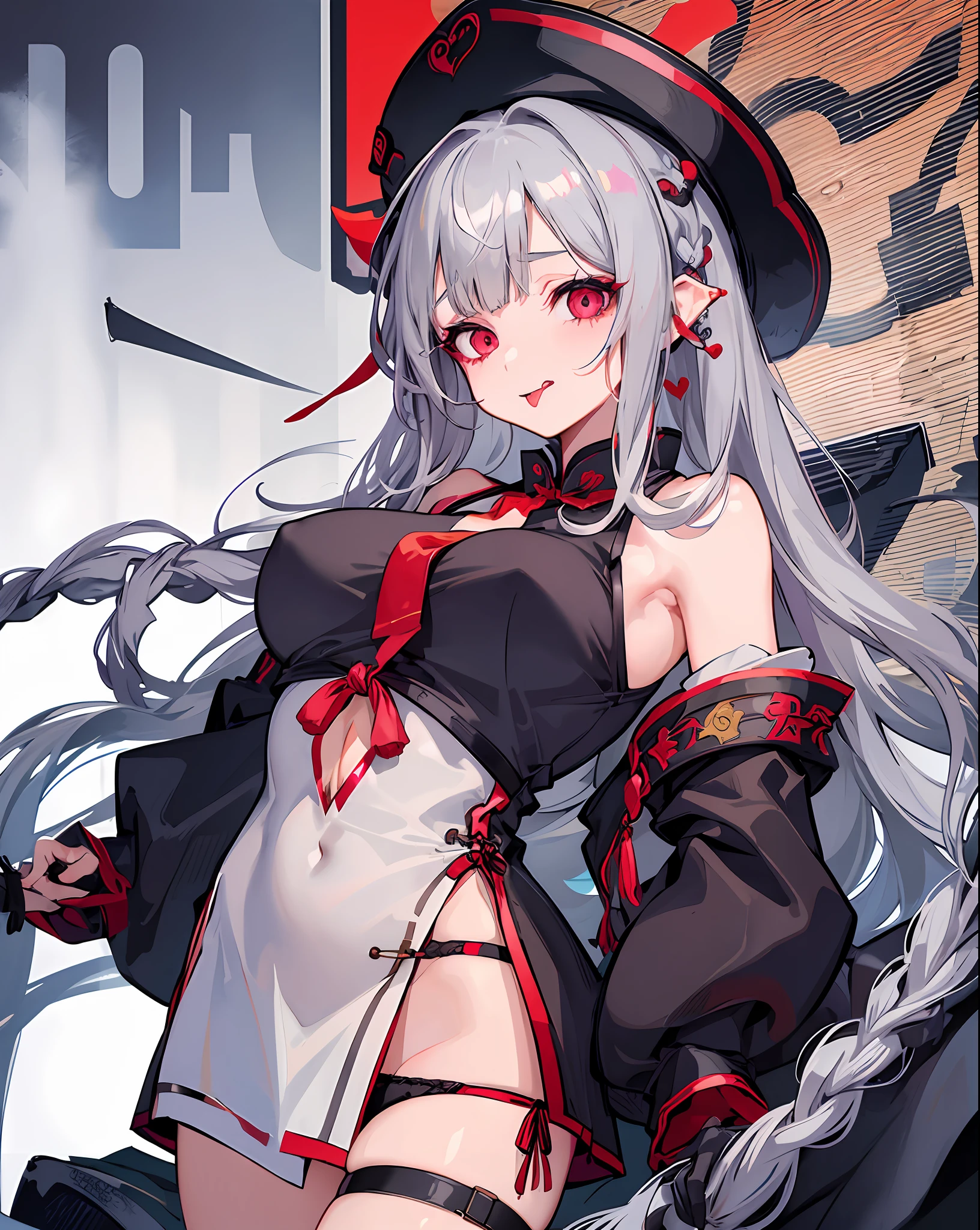 1 girl, big breasts, jiangshi, sight-tie panties visible, bills on breasts, bills, ((long hair)), gray hair, Chinese dress, cowboy shot, tongue sticking out, heart-shaped eyes, abnormal long braids, (((arms behind))), (((tied) ))),