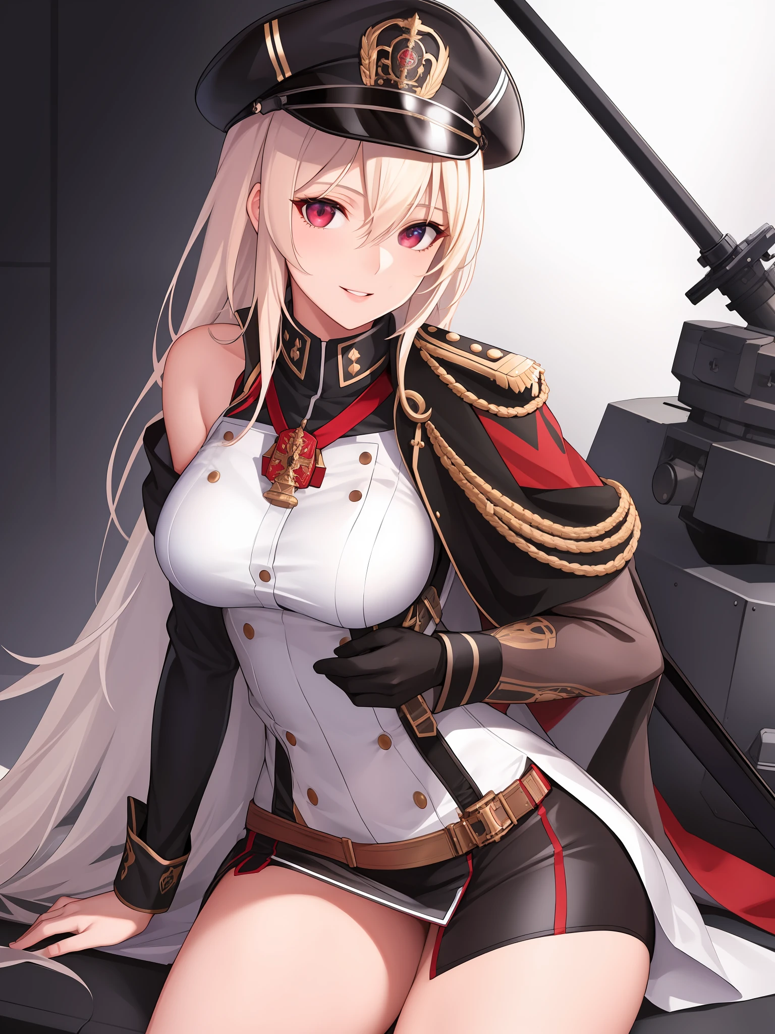 1girl,bismarck, a woman wearing black BMR_uniform holding a sword, medal on left shoulder, BIS_hat, white glove, carrying rigging_machine, turrets_equipped on the rigging_machine, looking at viewer, off shoulder, parted lips, red eyes, sidelocks, sitting, skindentation, smile, solo, SFW,  detailed eyes, (masterpiece:1.4),(best quality:1.4),(shiny skin),realistic, detailed eyes,