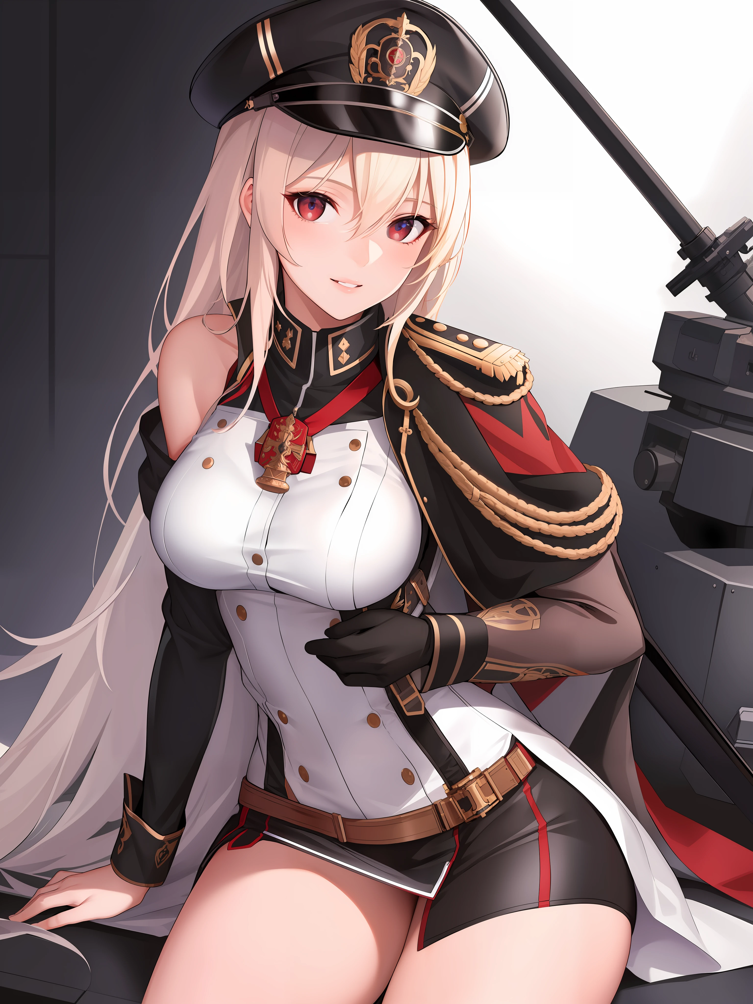1girl,bismarck, a woman wearing black BMR_uniform holding a sword, medal on left shoulder, BIS_hat, white glove, carrying rigging_machine, turrets_equipped on the rigging_machine, looking at viewer, off shoulder, parted lips, red eyes, sidelocks, sitting, skindentation, smile, solo, SFW, detailed eyes, (masterpiece:1.4),(best quality:1.4),(shiny skin),realistic, detailed eyes,
