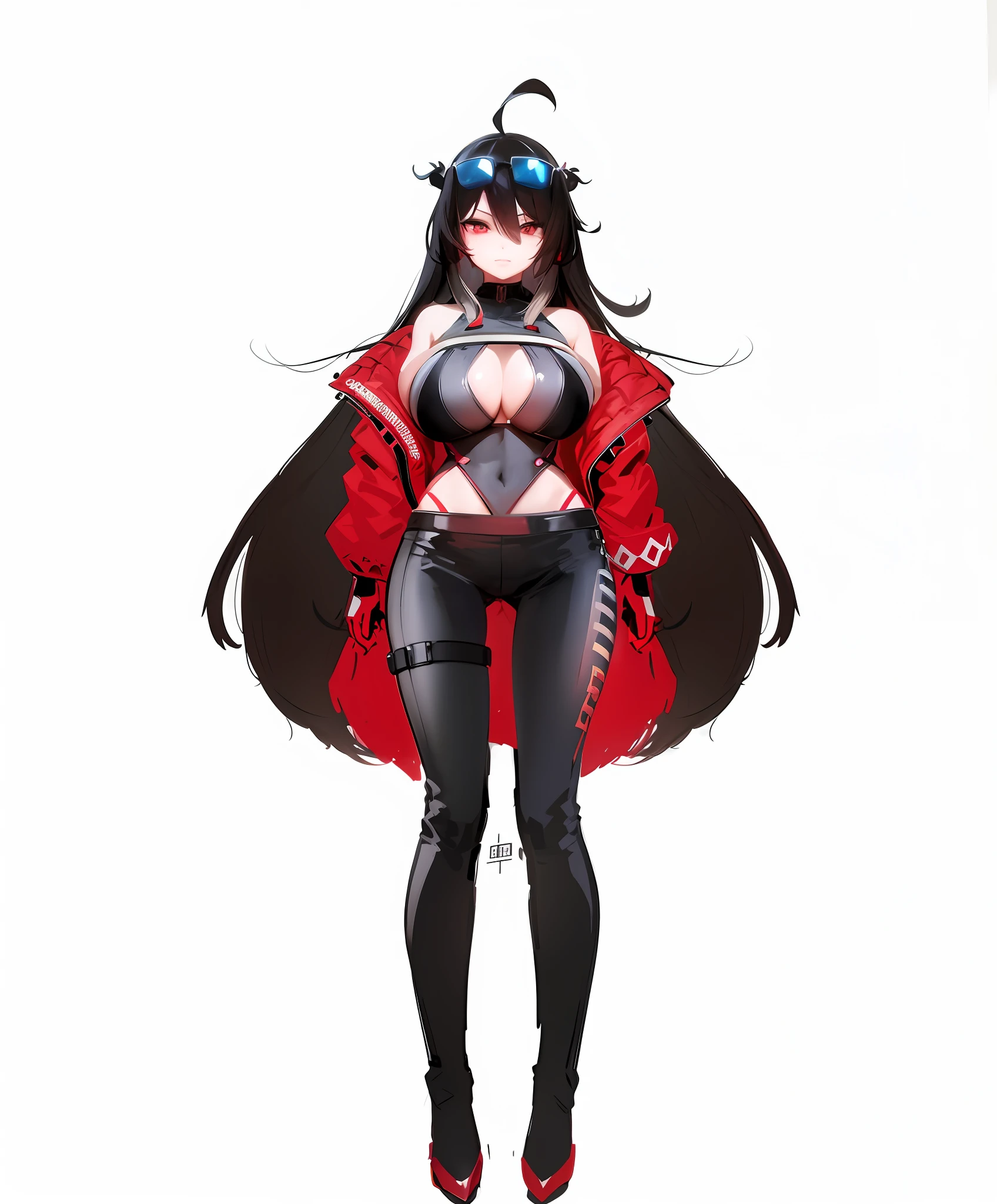 Anime character wearing black and red, cape and glasses, full body senxia, Rin Tohsaka, anime full body illustration, official character art, female anime character, full body illustration, anime character; full body art, ((character concept art)) , Female Action Anime Girls, Anime Key Visual Concept Art, Full Body Concept Art, Master's Work, Best Texture, Perfect Details, Beautiful Face, Beautiful Eyes, Sexy, Erotic, Transparent