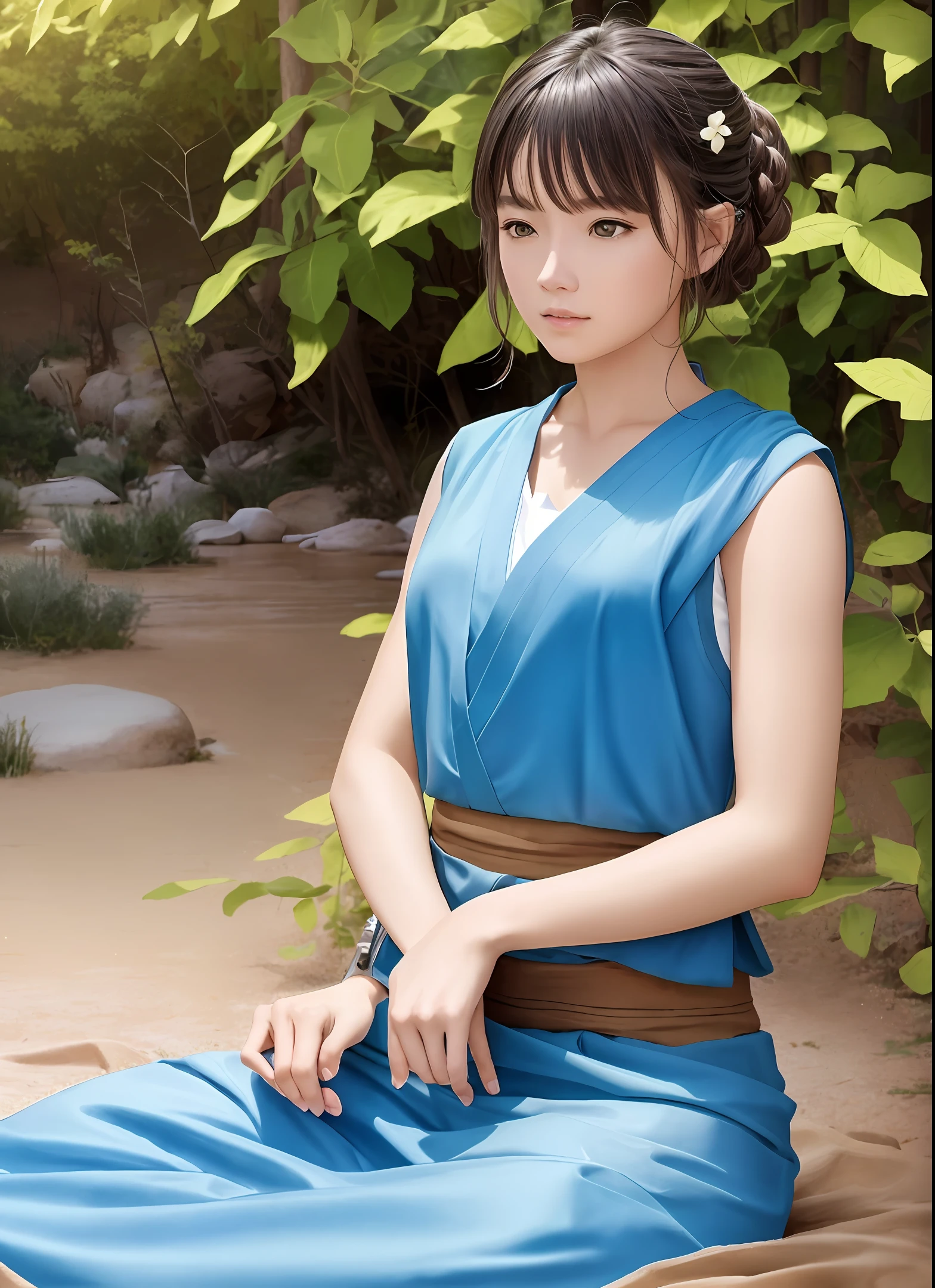 (Jedi meditation:1.3), serene photo,1girl, Jedi master in deep meditation, in jedioutfit, sitting cross-legged, (desert oasis:1.1), surrounded by blooming desert flowers, harmonizing with the Force, spiritual retreat, transcendent tranquility, desert enlightenment, Absurdres, hdr, ultra detailed illustration, extremely detailed face, RAW photo, film grain, skin pores, trending on deviantart