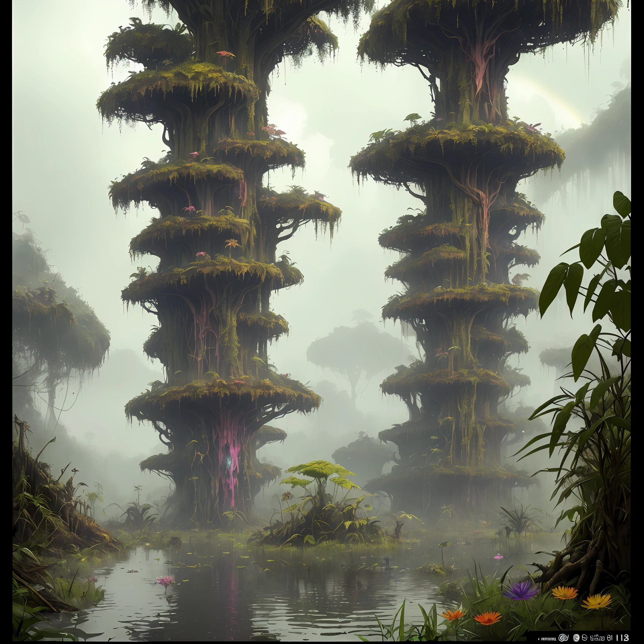 stalenhag, (dense alien jungle swamp: 1.3), (lots of weird unusual rainbow flowers: 1.3), sci-fi, hdr, 8k, 4k, octane renderer, very detailed, magic castle, more details, art station