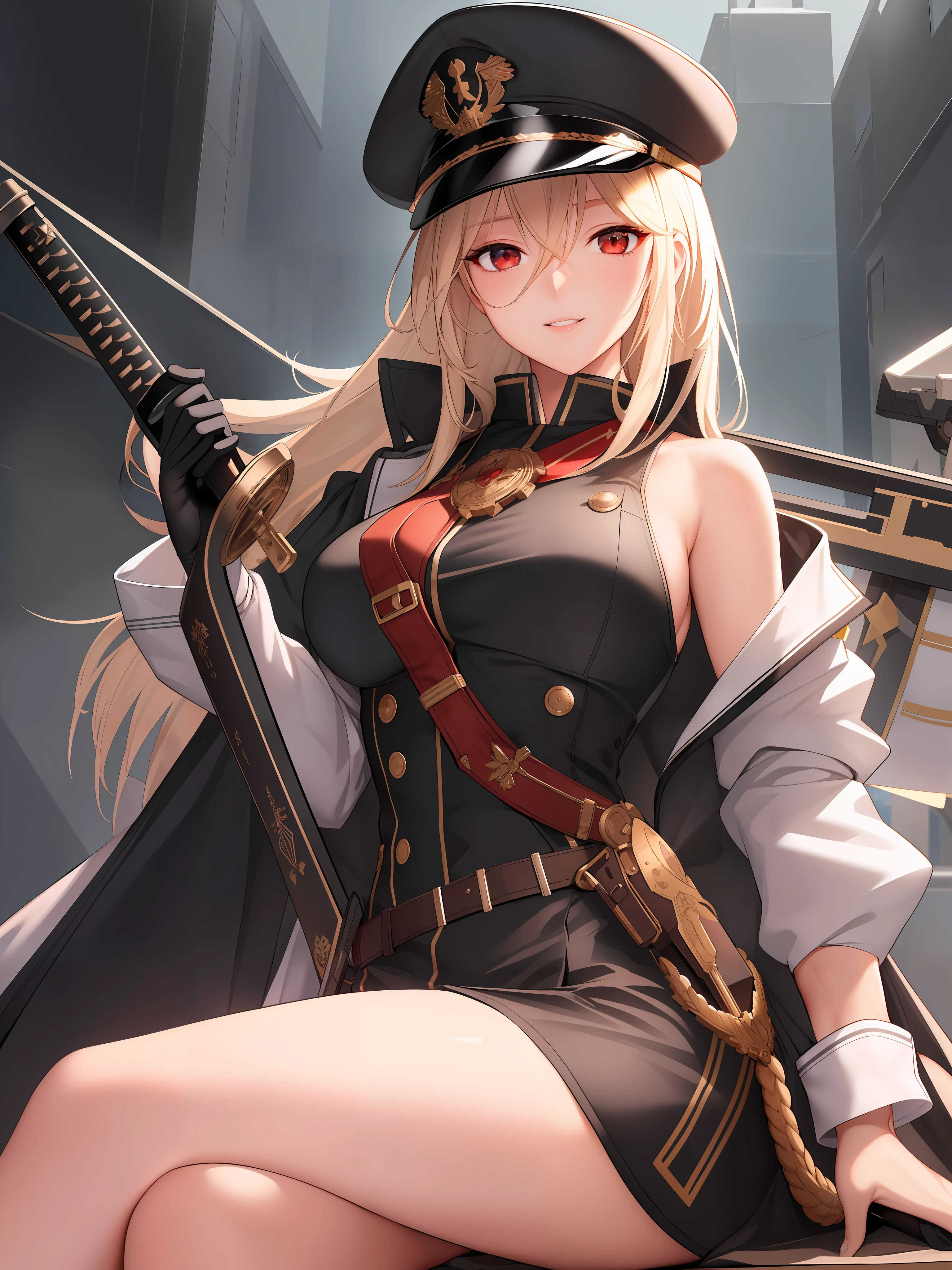 1girl,bismarck, a woman wearing black BMR_uniform holding a sword, medal on left shoulder, BIS_hat, white glove, carrying rigging_machine, turrets_equipped on the rigging_machine, looking at viewer, off shoulder, parted lips, red eyes, sidelocks, sitting, skindentation, smile, solo, SFW, detailed eyes, (masterpiece:1.4),(best quality:1.4),(shiny skin),realistic, detailed eyes,