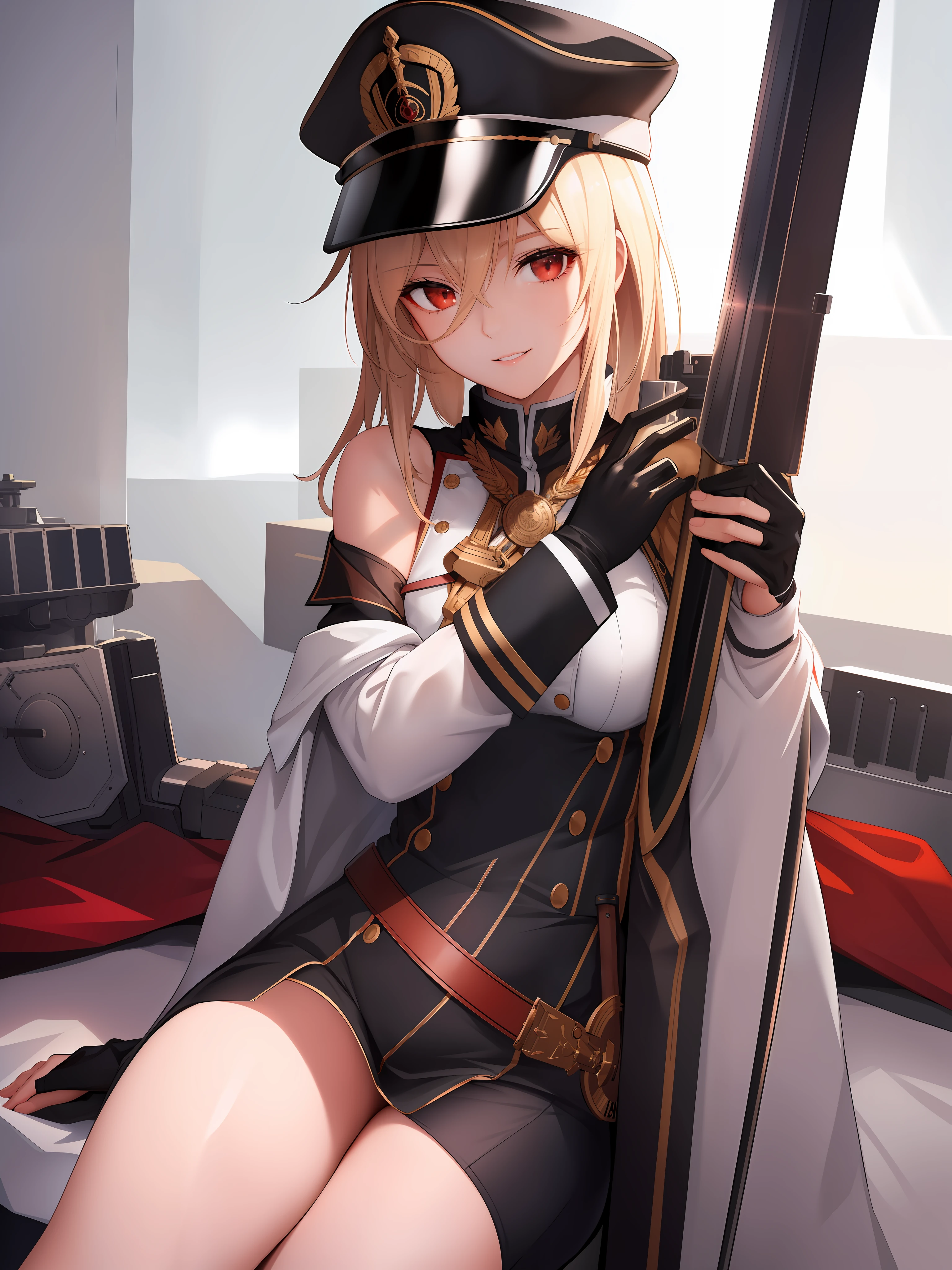 1girl,bismarck, a woman wearing black BMR_uniform holding a sword, medal on left shoulder, BIS_hat, white glove, carrying rigging_machine, turrets_equipped on the rigging_machine, looking at viewer, off shoulder, parted lips, red eyes, sidelocks, sitting, skindentation, smile, solo, SFW, detailed eyes, (masterpiece:1.4),(best quality:1.4),(shiny skin),realistic, detailed eyes,