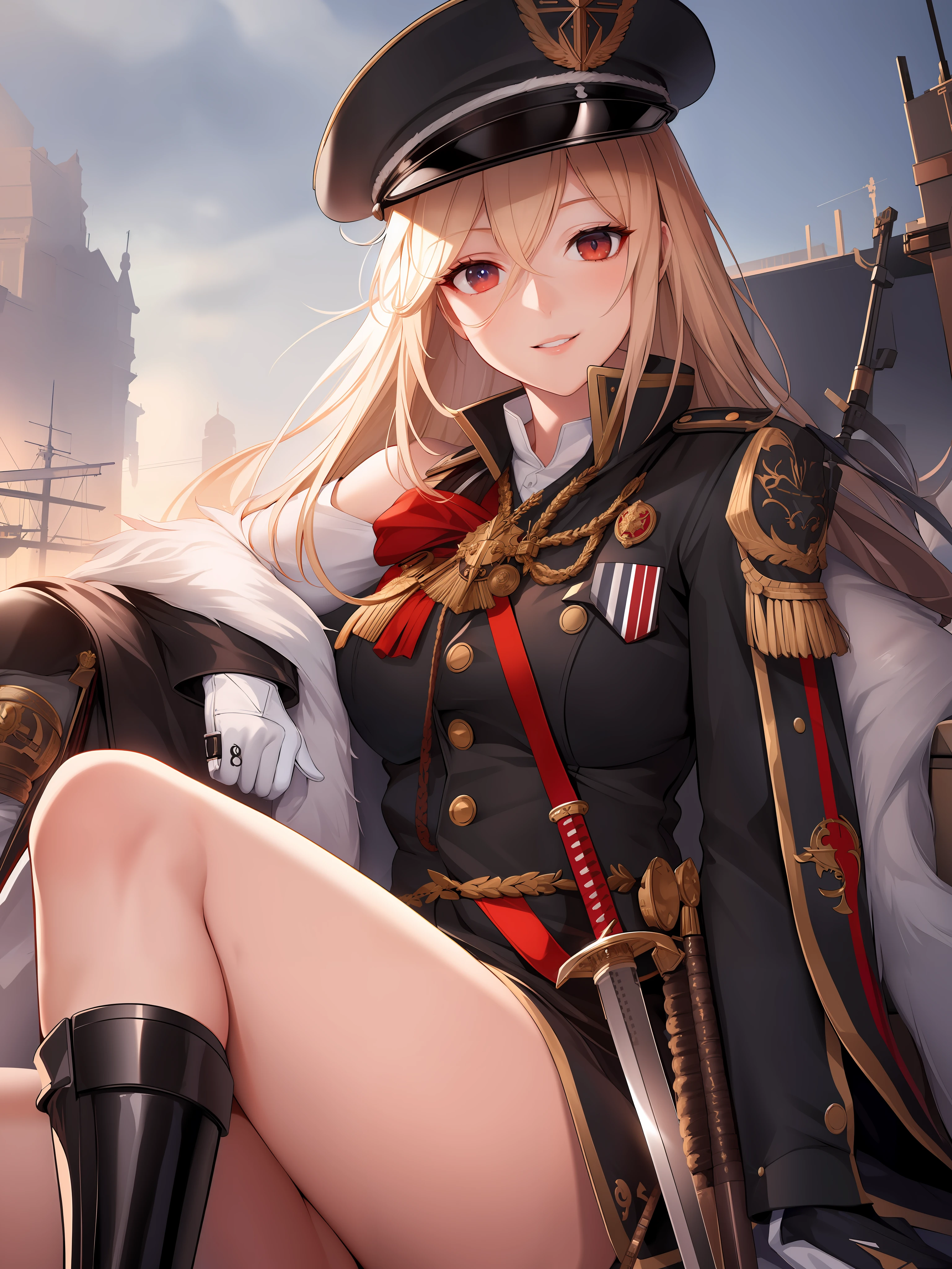 1girl,bismarck, a woman wearing black BMR_uniform holding a sword, medal on left shoulder, BIS_hat, white glove, carrying rigging_machine, turrets_equipped on the rigging_machine, looking at viewer, off shoulder, parted lips, red eyes, sidelocks, sitting, skindentation, smile, solo, SFW, detailed eyes, (masterpiece:1.4),(best quality:1.4),(shiny skin),realistic, detailed eyes,