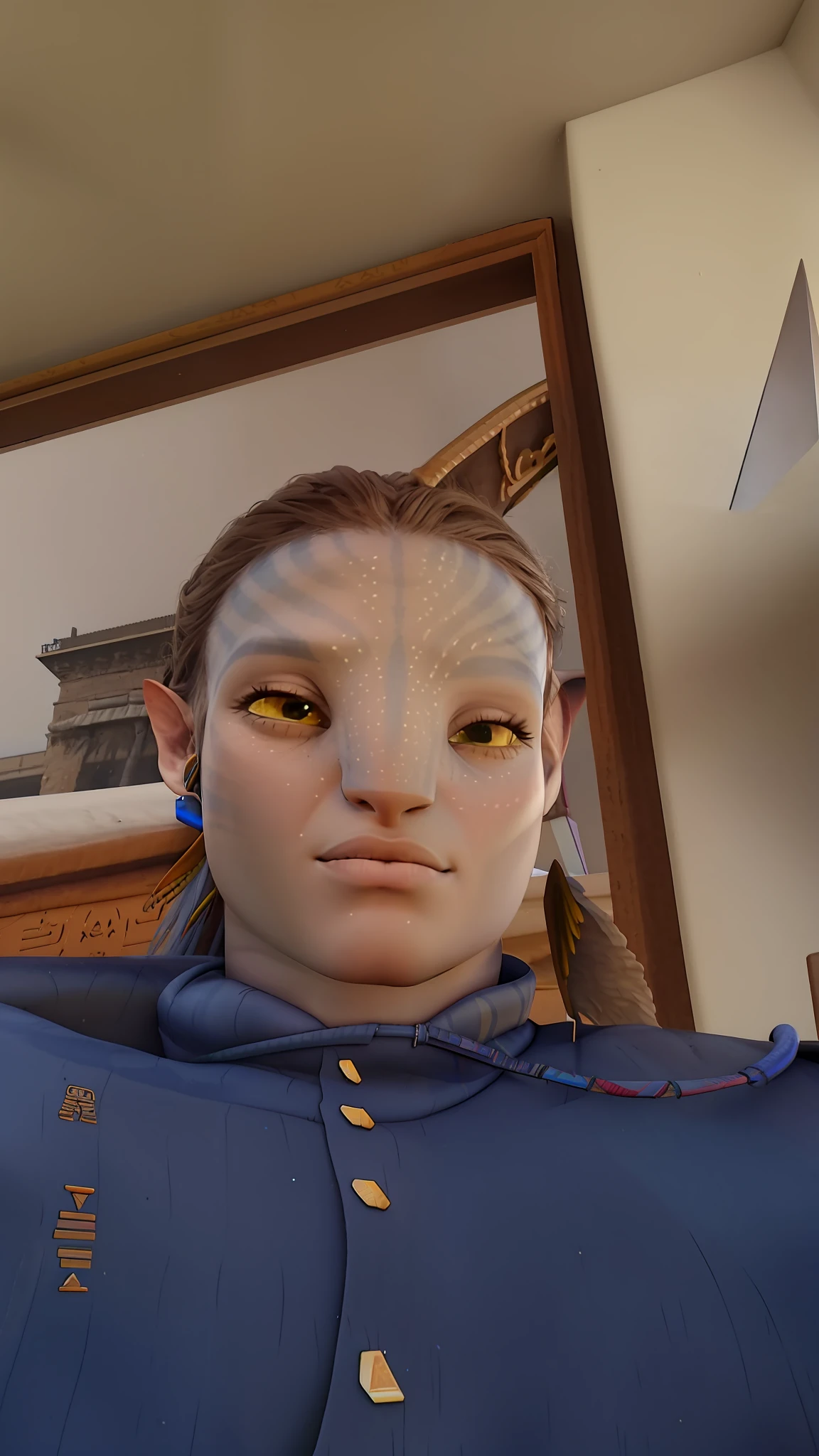 Neytiriblueskinbabe, 1girl, neutral, tail, outfit, pyramids, golden angel wings, egyptian city, (Photorealistic:1.2)