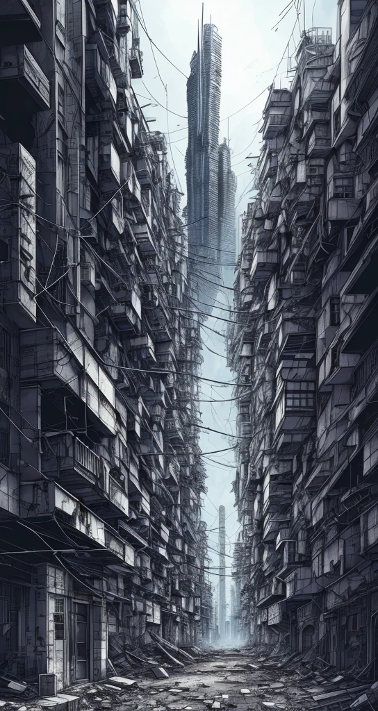 semi realistic, cityscape, perspective, towers, multiple building, (alleyway), power lines, night, (extremely detailed wallpaper:1.3)
BREAK
nihei tsutomu, Blame!, scenery, (geometric cityscape, ruined cityscape), inside, rubble, apartment complex, abandoned city, (symmetric, cyberpunk), smoke, dust, detailed, illustration, digital painting, (no people, no humans),