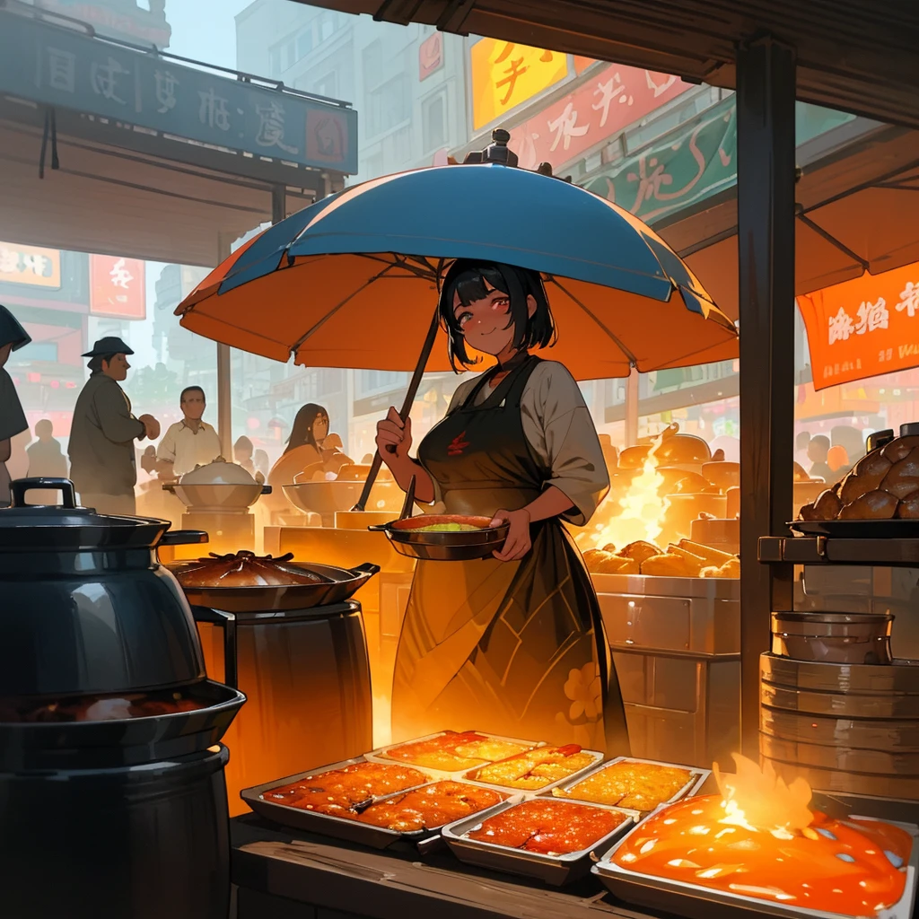 shukezouma,(illustration:1.1),(best quality),(masterpiece:1.1),(panorama shot:1.3),(full body:1.25) In a bustling marketplace, a street food vendor serves up sizzling dishes that tantalize the senses. The vivid colors of the ingredients, the aroma of spices, and the sounds of sizzling pans create a feast for the senses. The scene captures the energy and vibrancy of street culture, inviting viewers to immerse themselves in the bustling atmosphere.
