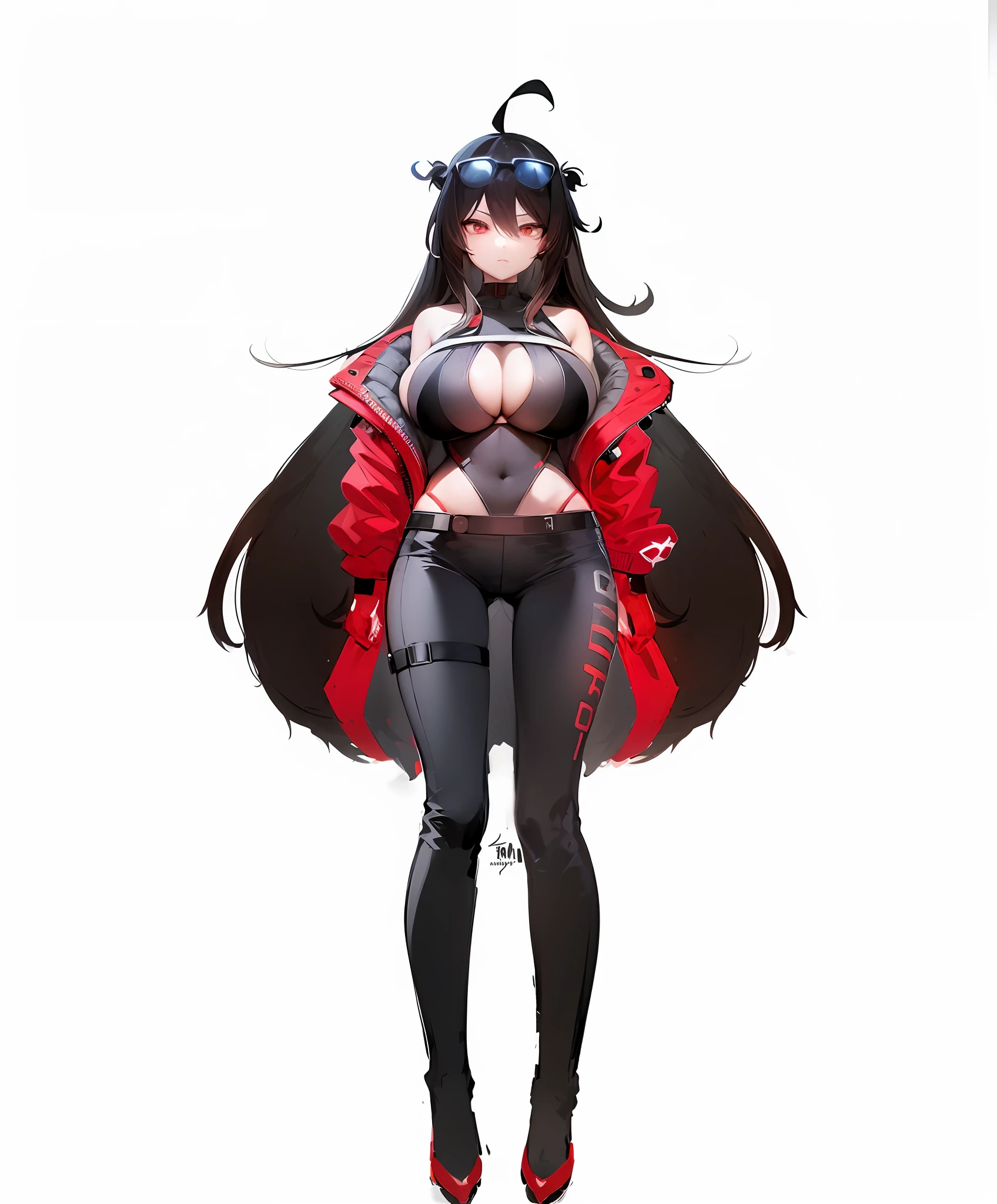Anime character with red cape and black pants, biomechanics oppai, rin tohsaka, oppai cyberpunk, official character art, anime full body illustration, female action anime girl, cushart krenz key art female, female anime character, full body fairy, badass anime 8k, by Jin Homura, cyberpunk anime hoodie girl, erotic, best quality, perfect detailing, masterwork, pretty face, pretty eyes,