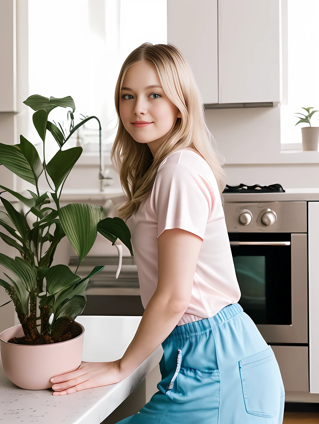 RAW photo, realistic, a woman, full body portrait, interior, realistic, living room, 1girl, wearing white pink top and black pants, cleaning work, washing dishes, rinsing dishes with water, next to a plant and a chair, Blue eyes, indoor, kitchen, pants, solo, blonde, (high detail skin), 8k uhd, DSLR, soft light, high quality, film grain, Fujifilm XT3, full body portrait,