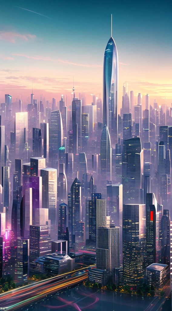 Style: Concept art. The scene: Futuristic cityscapes with towering skyscrapers and sleek aerodynamic vehicles speeding through the air. High-resolution OLED GUI interfaces in the building's windows are filled with transparent data visualization infographics showing everything from weather patterns to traffic flow. Colors are saturated and vibrant, with warm pinks and purples dominating the skyline. The overall effect is both beautiful and awe-inspiring.