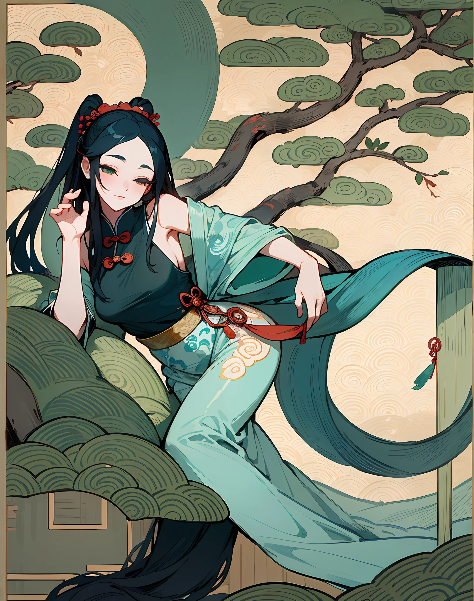 An ancient Chinese beauty lying on a tree trunk, wearing flowing tulle in ancient Chinese dress, summer, wicker swaying, ink painting style, ancient Chinese artist Qiu Ying style, blank space, freehand, green and blue colors, masterpiece, highest quality, 4k --v 6