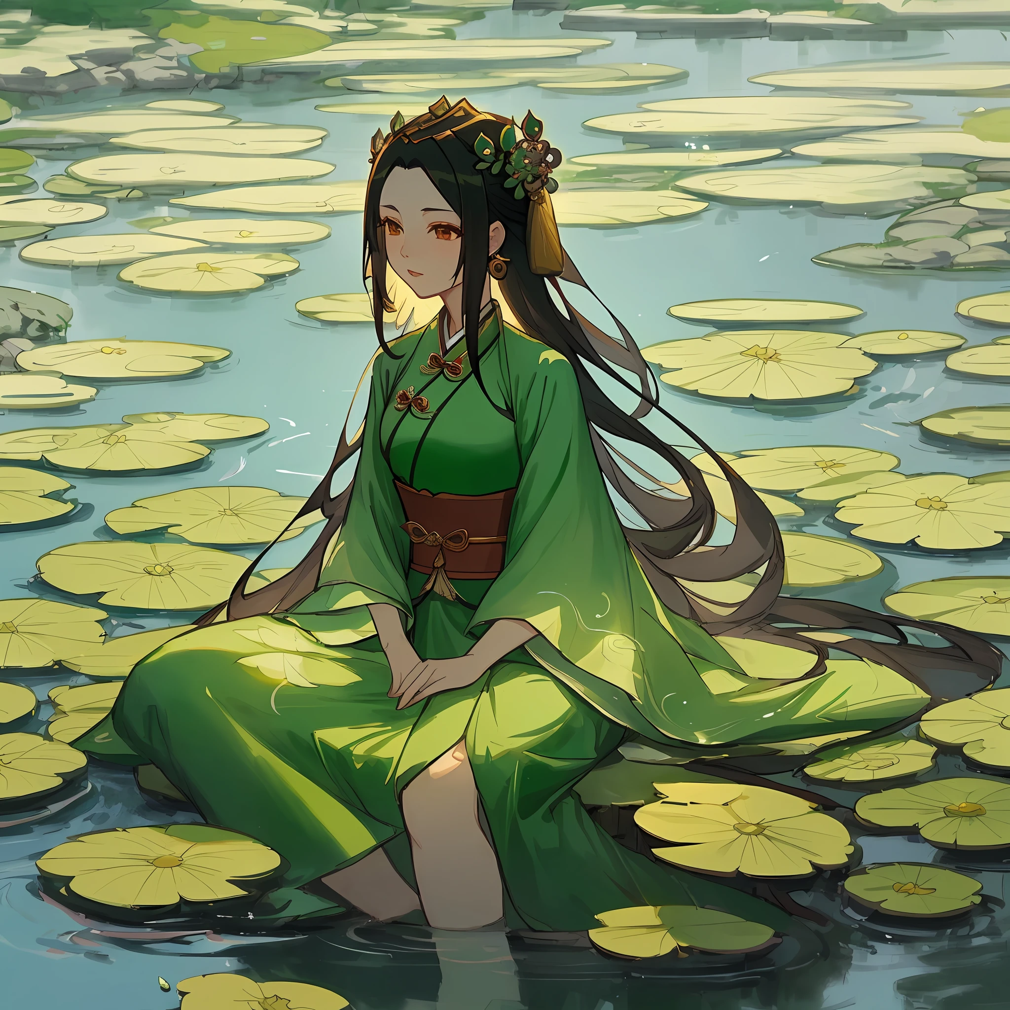 arafed asian woman in green dress sitting on a rock in a pond, palace , a girl in hanfu, inspired by Lan Ying, hanfu, trending on cgstation, a beautiful fantasy empress, full body xianxia, beautiful character painting, inspired by Ju Lian, by Yang J, with acient chinese clothes, inspired by Gu An
