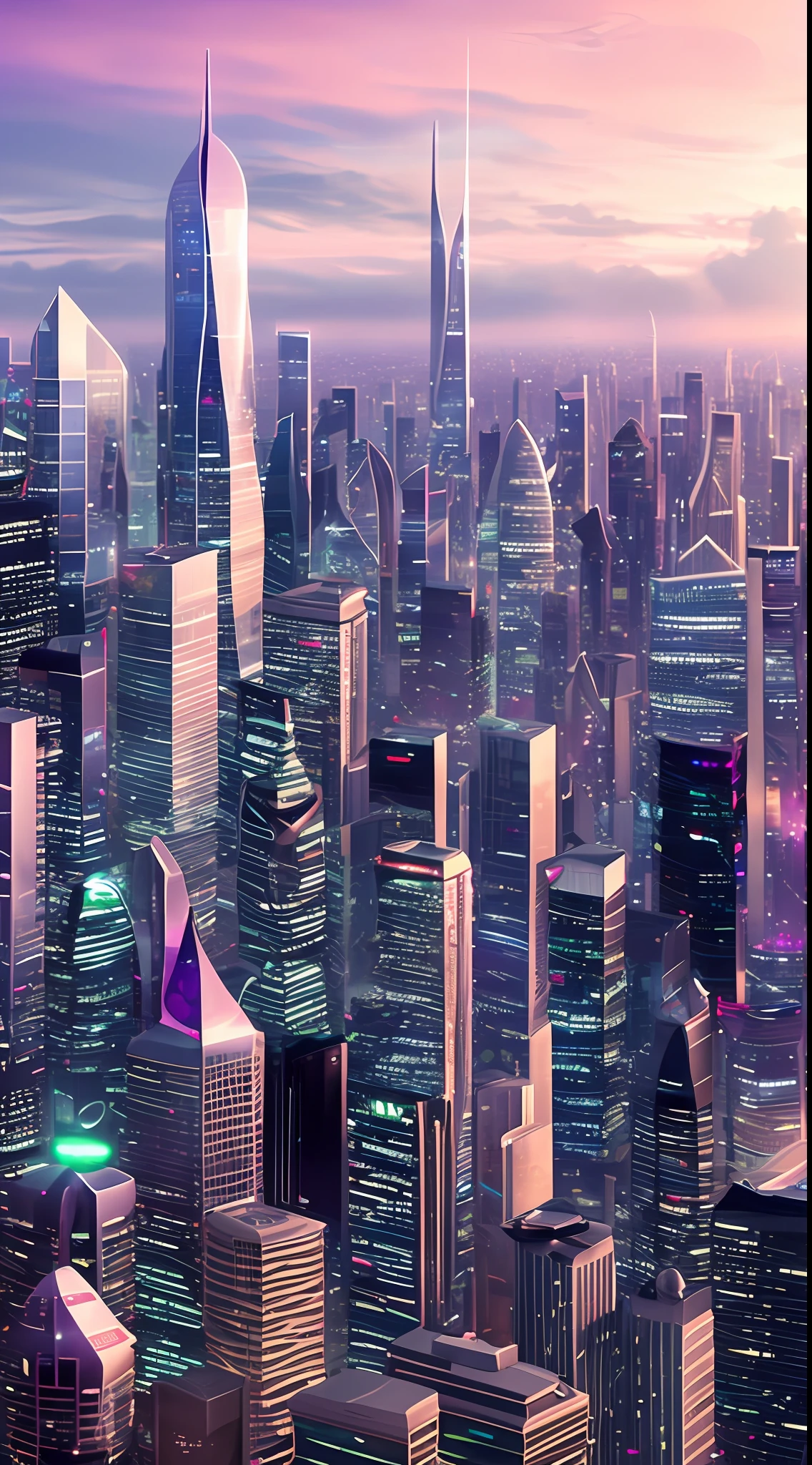 Style: Concept art. The scene: Futuristic cityscapes with towering skyscrapers and sleek aerodynamic vehicles speeding through the air. High-resolution OLED GUI interfaces in the building's windows are filled with transparent data visualization infographics showing everything from weather patterns to traffic flow. Colors are saturated and vibrant, with warm pinks and purples dominating the skyline. The overall effect is both beautiful and awe-inspiring.