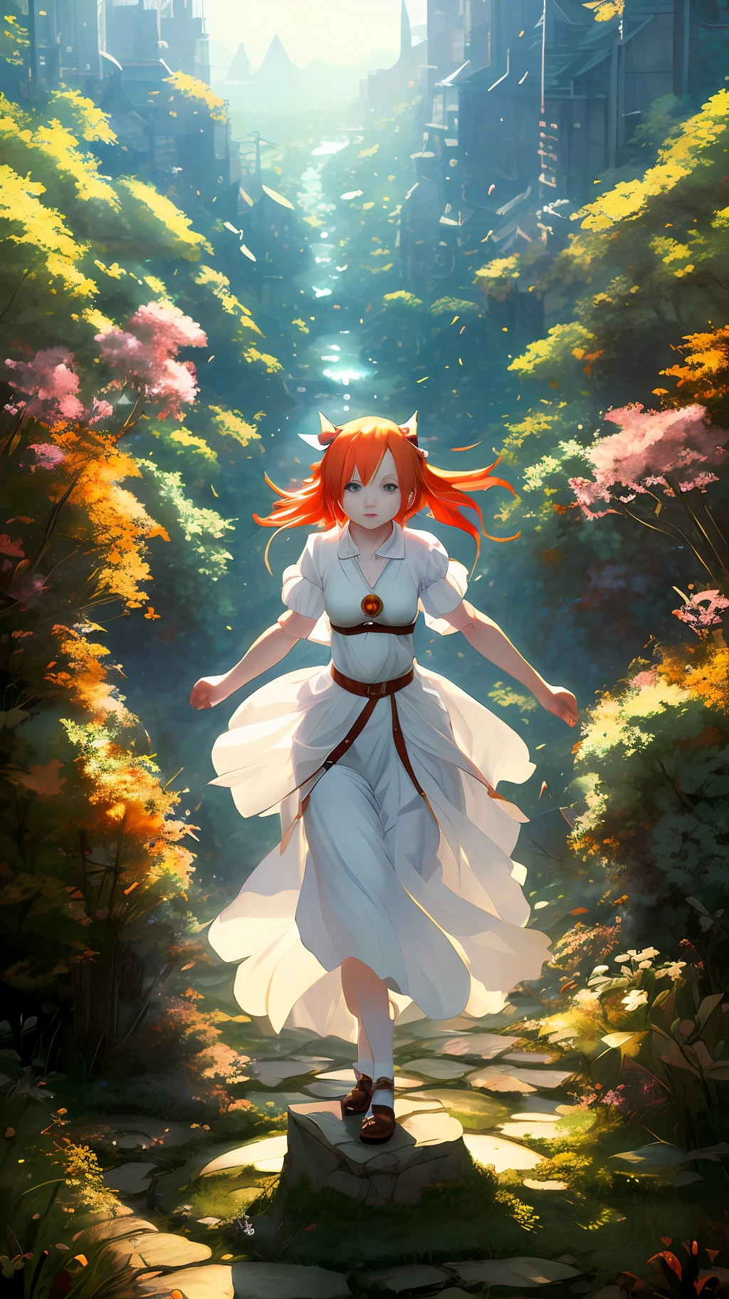 Full body, from above, Lucy the Rabbit Maid, red hair, Marilyn Monroe style, doe eyes, fire in the background, by Makoto Shinkai Studio Ghibli Studio Kihime Anno Roar Zen Stanley Art Liu Rostis James Jean Marc Simonetti Elegant Highly Detailed Digital Painting Art Station pixiv