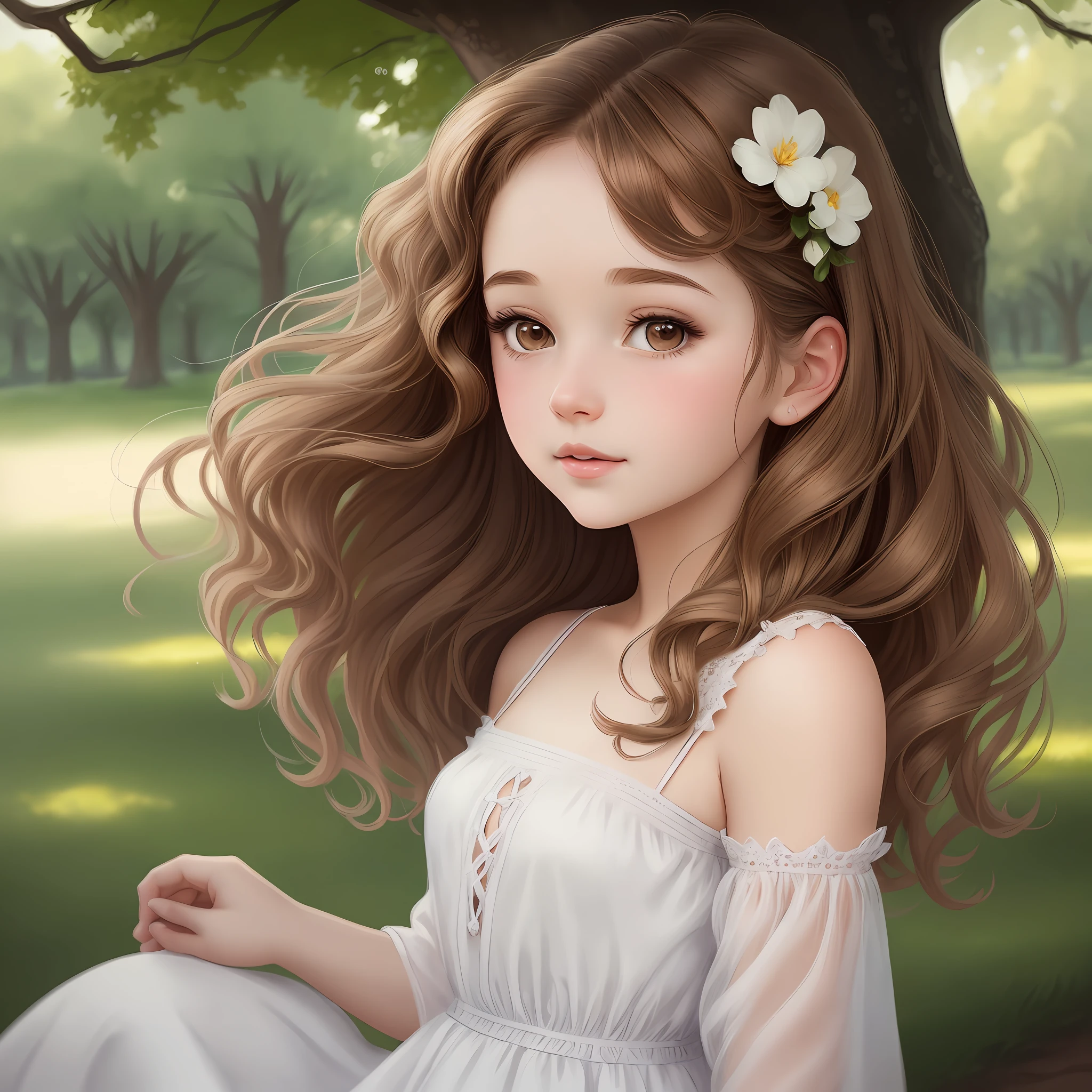 A close-up of a woman in a white dress standing under a tree, bowwater art style, realistic drawing of a cute girl, elegant, Disney art style, hand drawn illustration, brown hair, messy big waves, delicate facial features