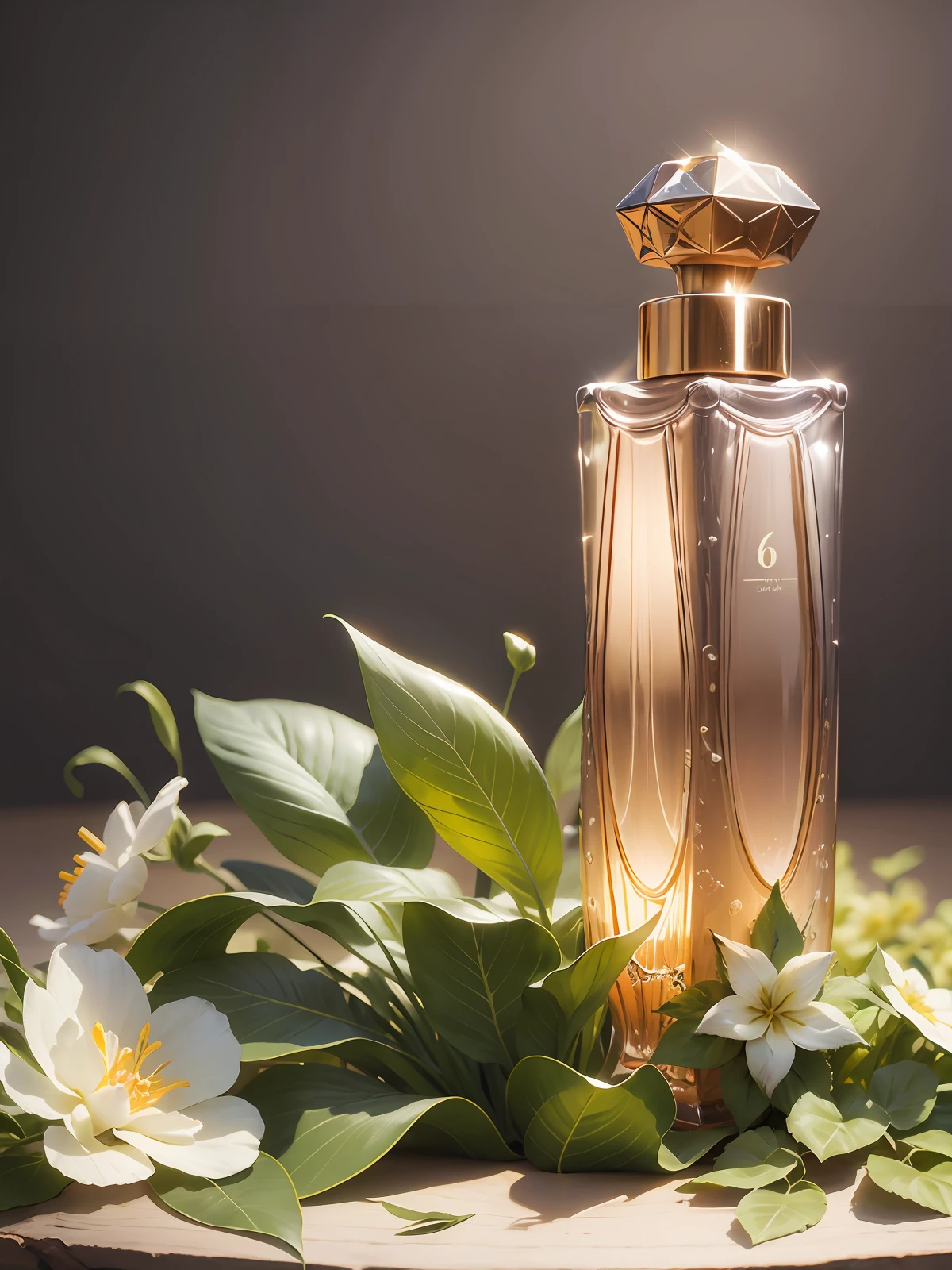 Product photography of a perfume bottle arranged with plants and flowers, realistic, light background, realistic rendering --v 6