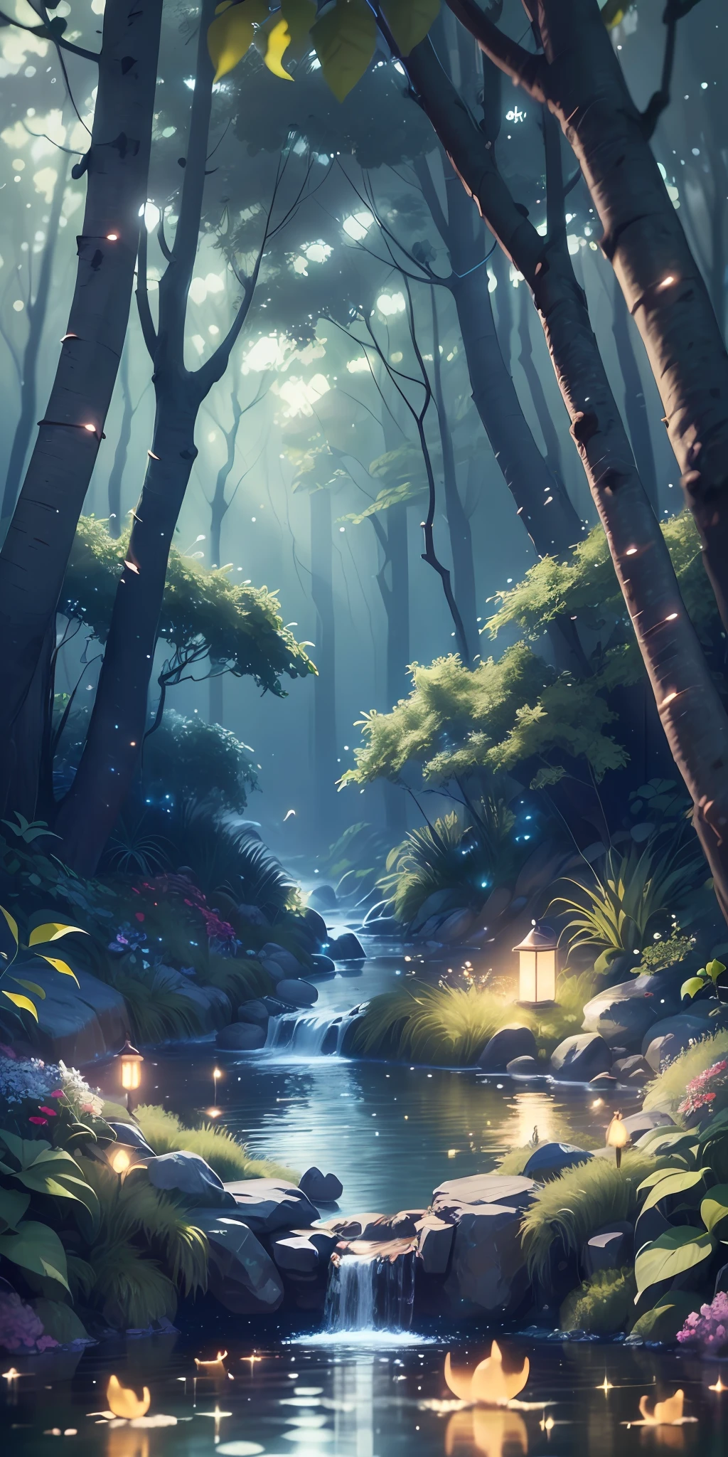 Masterpiece, best quality, (very detailed CG unity 8k wallpaper), (best quality), (best illustration), (best shadows), glow sprite, with a glowing deer, in the swimming pool Drinking water, natural elements in the forest theme. Mysterious forest, beautiful forest, nature, surrounded by flowers, delicate leaves and branches surrounded by fireflies (natural elements), (jungle theme), (leaves), (twigs), (fireflies), (particle effects) etc. 3D , Octane rendering, ray tracing, super detailed --v6