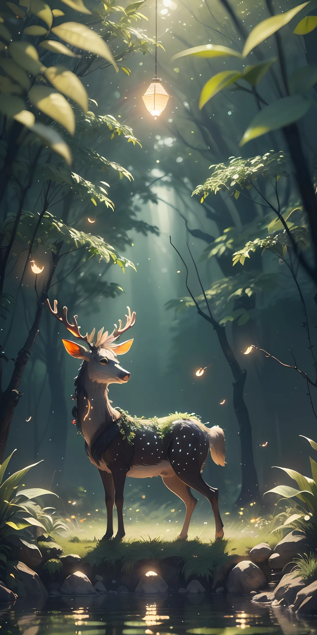 Masterpiece, best quality, (very detailed CG unity 8k wallpaper), (best quality), (best illustration), (best shadows), glow sprite, with a glowing deer, in the swimming pool Drinking water, natural elements in the forest theme. Mysterious forest, beautiful forest, nature, surrounded by flowers, delicate leaves and branches surrounded by fireflies (natural elements), (jungle theme), (leaves), (twigs), (fireflies), (particle effects) etc. 3D , Octane rendering, ray tracing, super detailed --v6