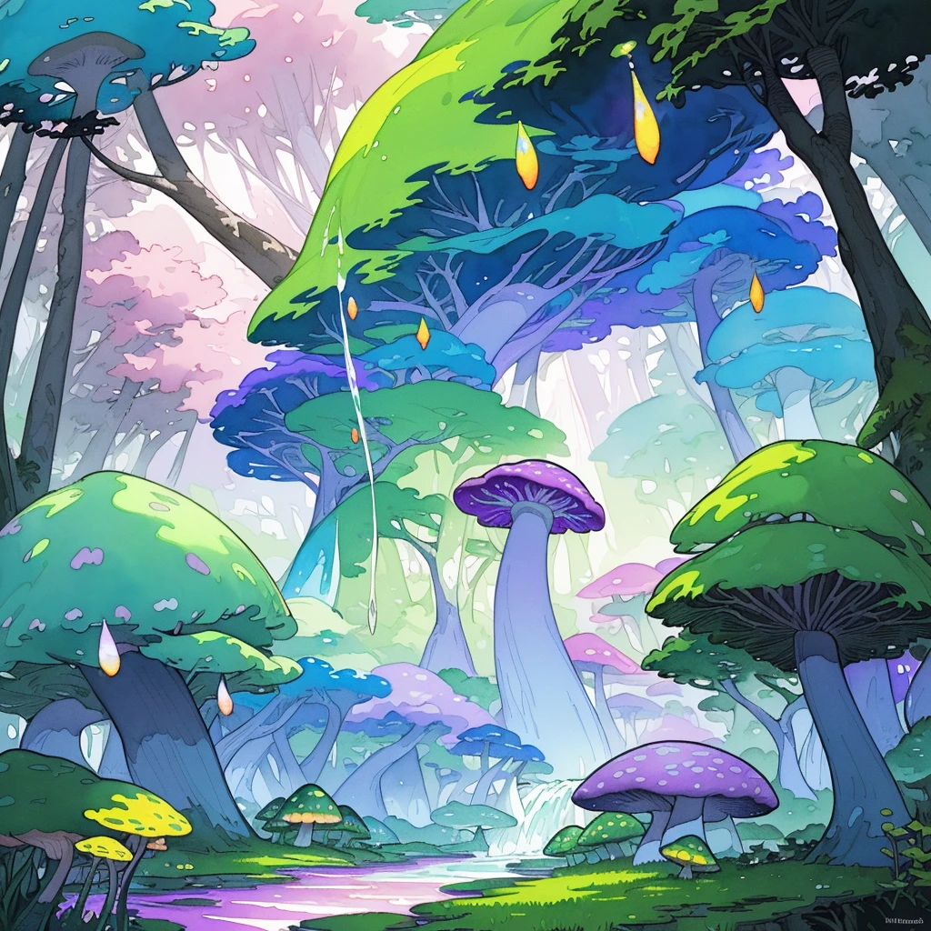 shukezouma,(illustration:1.1),(best quality),(masterpiece:1.1),(panorama shot:1.3),(full body:1.25),(solo:1.2),highres, (ink splashing),(color splashing),(watercolor) Enchanted Forest: Create a magical forest with towering trees, vibrant foliage, and sparkling streams. Add glowing mushrooms, whimsical creatures, and ethereal lighting to enhance the enchanting atmosphere.