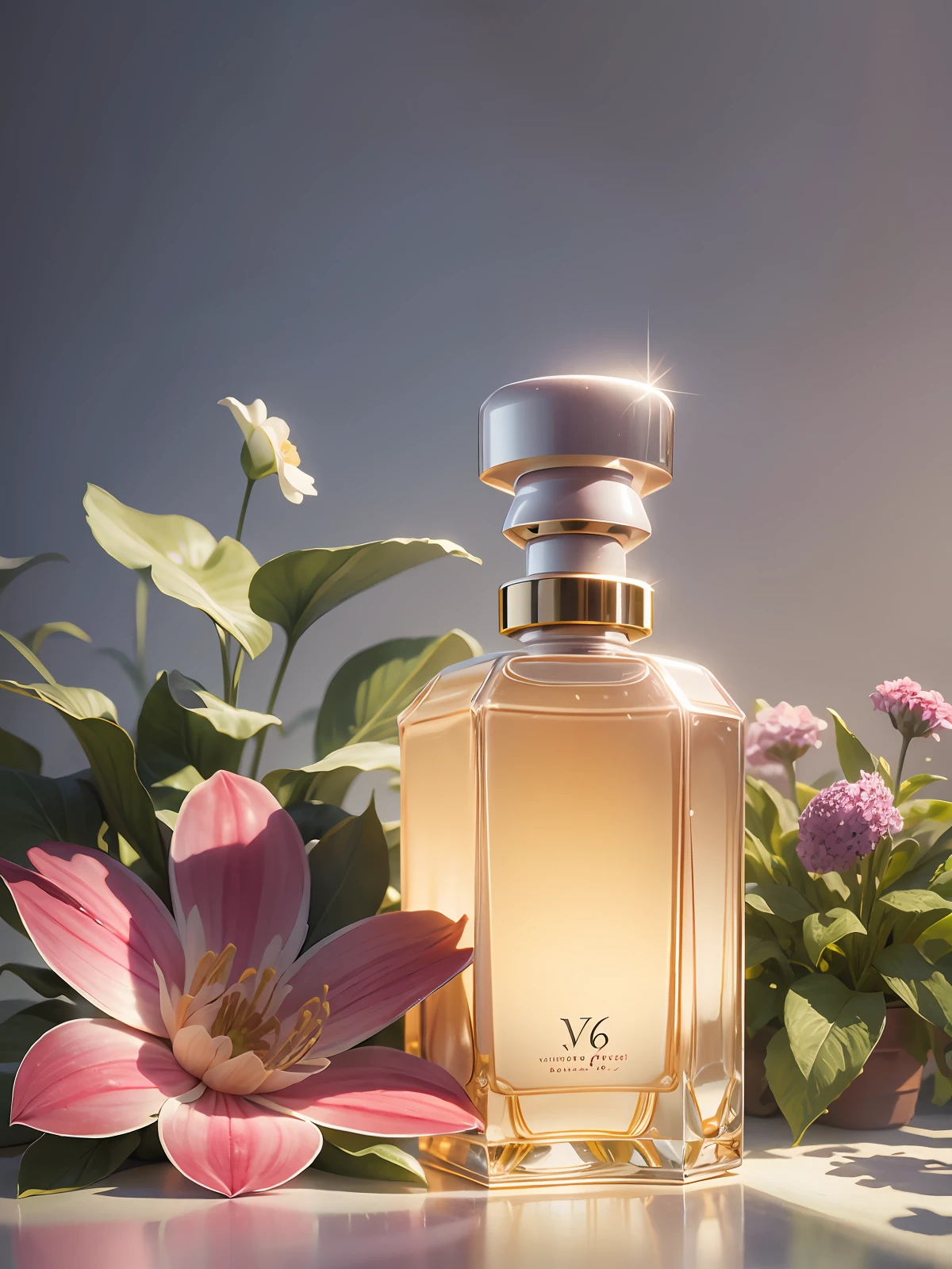 Product photography of a perfume bottle arranged with plants and flowers, realistic, light background, realistic rendering --v 6