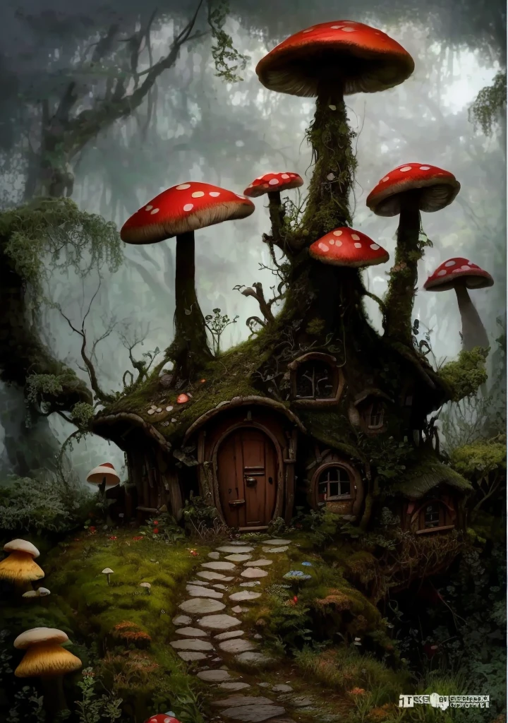 there is a small house with mushrooms growing out of it, mushroom house, mushroom houses, houses in the shape of mushrooms, enchanted magical fantasy forest, witch cottage in the forest, forest made out of mushroom, faery palace, mushroom forest, enchanted and magic forest, beautiful house on a forest path, magical fantasy forest, cottage in the forest, house in forest