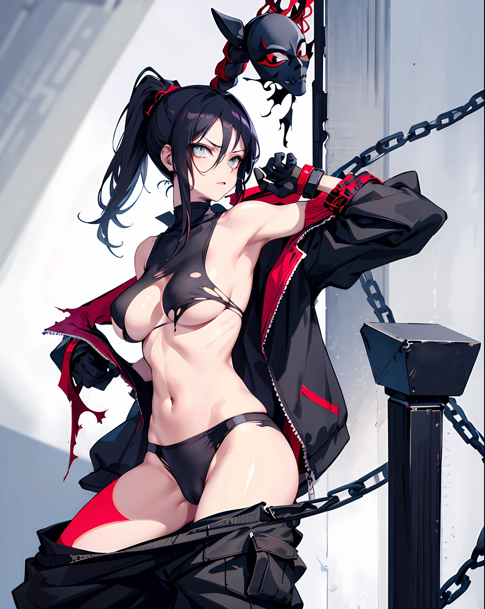 Ninja, ponytail, black mask, big breasts, torn clothes, no panties, no bra, restrained, rope, hands behind