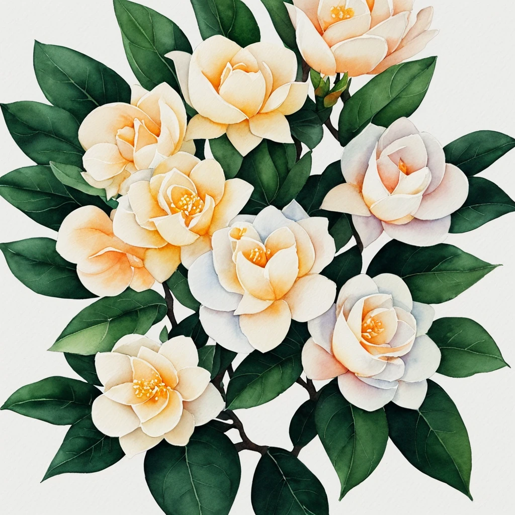 Delicate watercolor illustration, single gardenia, Watercolor, Warm color palette, Pastel colors, White background, Cozy