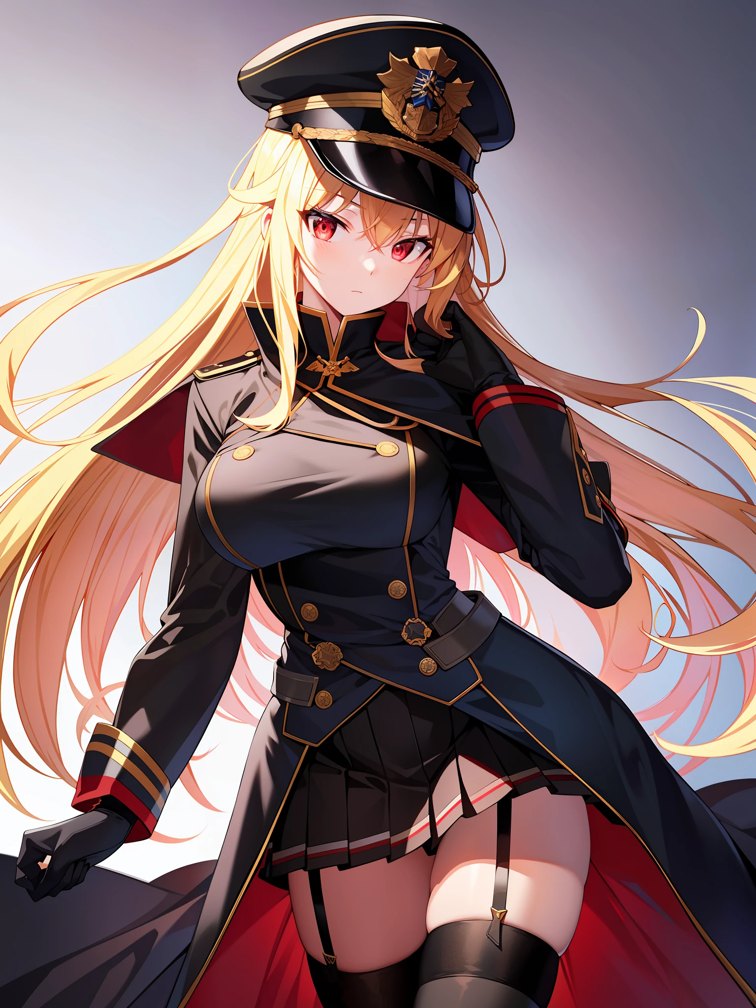 (hyper extreme detailed),(masterpeace),(hyper extreme),(photorealistic),CG,(colour:1.2), beautiful lighting,light from the front,rating:safe,solo, bismarck,blonde hair,long hair,red eyes,black_gloves,garter_straps,zettai_ryouiki,pleated_skirt,black_skirt,stoking,high_heels,black shrite,long_sleeves,black_cape,short_dress, wearing military hat